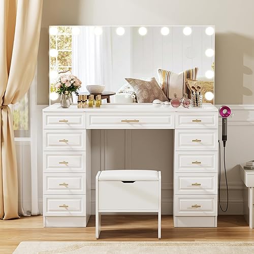 Miniatura 8 de VOWNER Tocador con espejo iluminado, escritorio de maquillaje con parte superior de cristal con altavoz Bluetooth, 14 luces y 11 cajones, 3 modos de