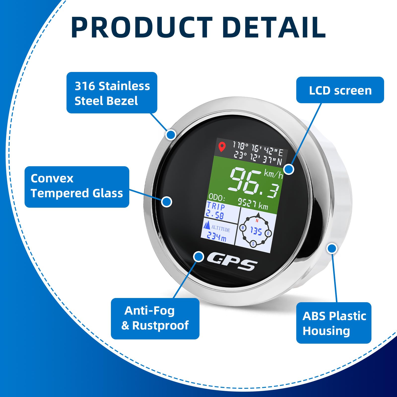 Tachimetro GPS da 85 mm con schermo a colori TFT – impermeabile digitale e odometro, regolabile per km/h, MPH, nodo – per auto, barca, moto, camion