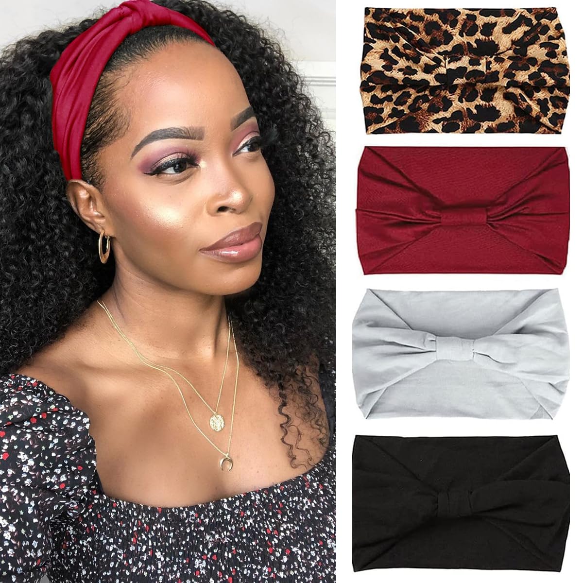 Kachanaa 4 Pack Wide Headbands for Women Elastic Knotted Yoga Sport Workout Headbands Turban African Head Wraps Hair Accessories(Stylish)