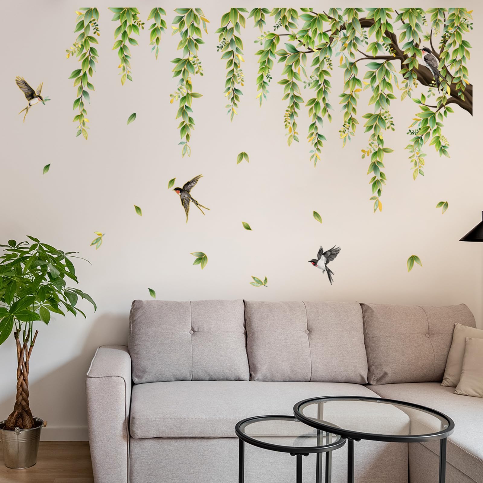 Autocollants muraux oiseaux et branche arbre verte grand format pour séjour