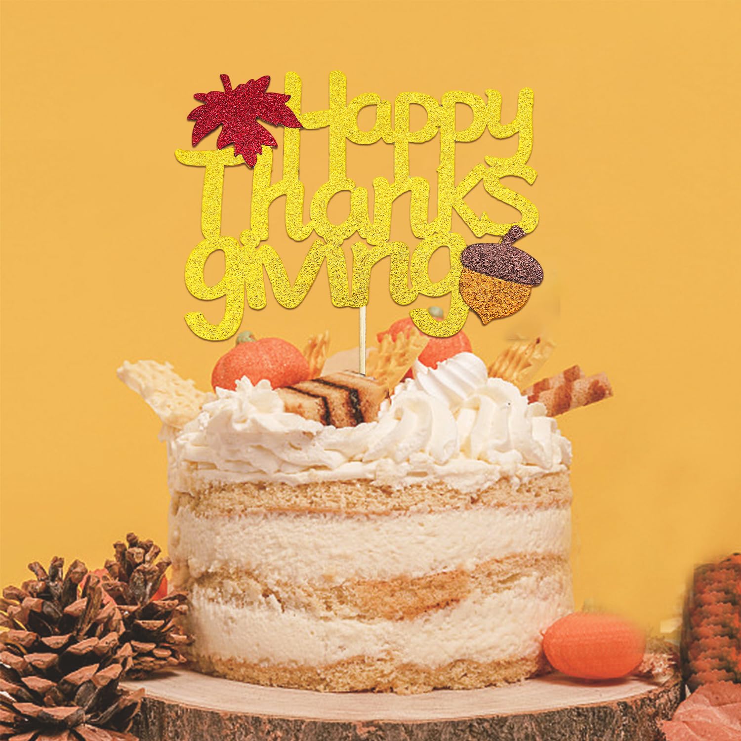 Give Thanks Kuchen-Topper Mit Glitzer-Ahornblättern – 17x22 Cm, Herbst-Thanksgiving-Deko, Nicht Essbar