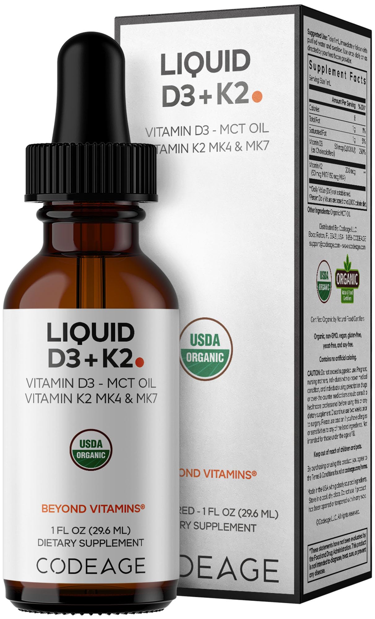 Codeage Liquid D3+K2 Vitamins USDA Organic - Vitamin D3 2000 IU, Vitamin K2 (MK4 &amp; MK7) Liquid Drops - Immune Support - Unflavored - Organic MCT Oil - Non-GMO - 1 fl oz