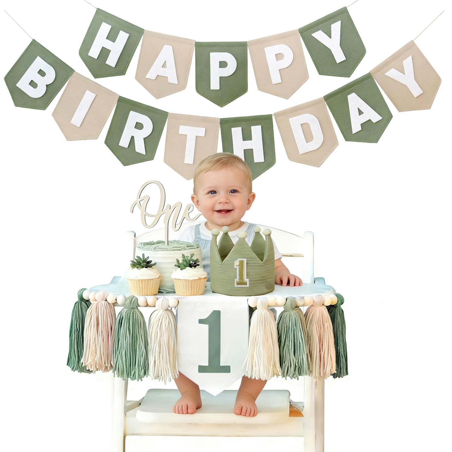 Sage Green 1st Birthday High Chair Decorations- First Birthday Banner Wild One Highchair banner 1st birthday boy with Tassels, Crown & One Cake Topper, Boho 1st Birthday Party Supplies photo props — image 1