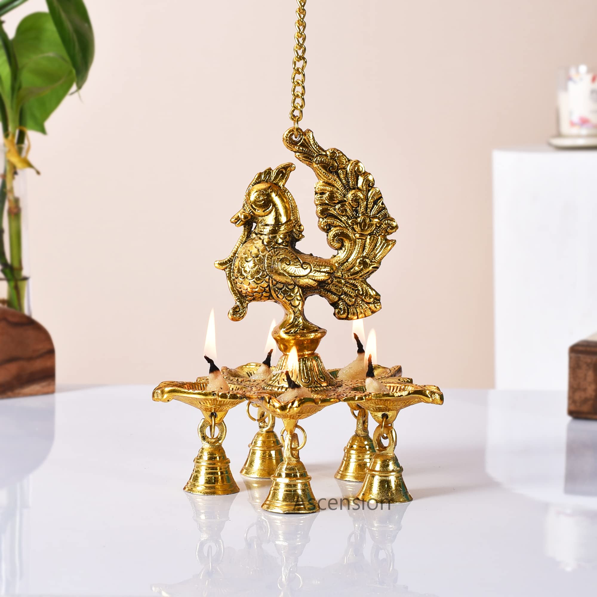 ascension Antique Peacock Diya with Bells & Chain for Home, Temple Metal Hanging Diya for Diwali, Pooja Room, Home Decoration (B0BZQ467FZ) Amazon Price History, Amazon Price Tracker