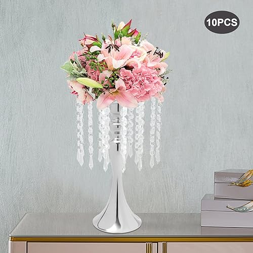 Miniatura 2 de Soporte de flores de cristal plateado, centros de mesa de boda para mesas, 10 piezas de plomo de carretera, jarrón de metal para mesas de recepción,