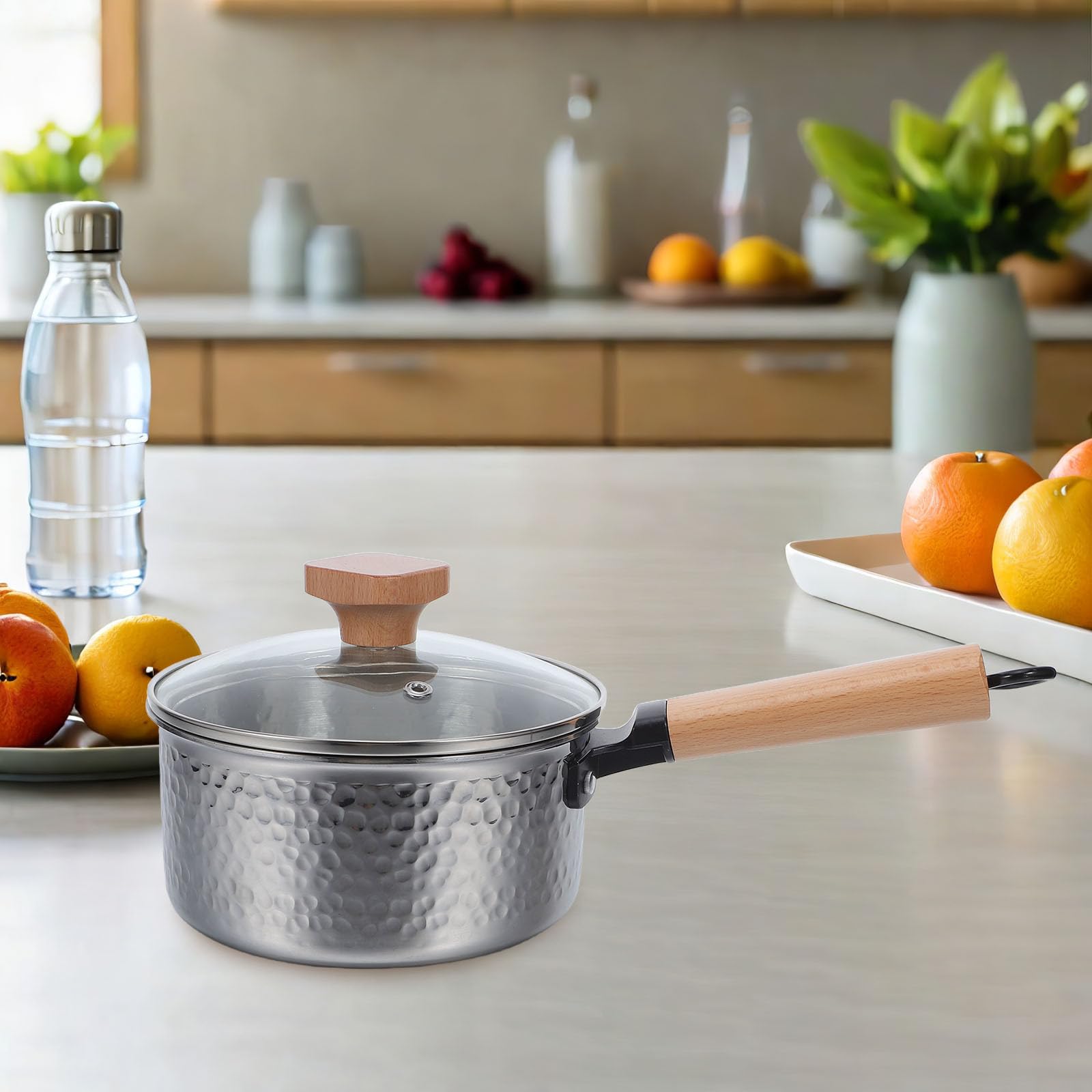 Cabilock Pentola Piccola in Acciaio Inox con Manico in Legno e Coperchio in Vetro, Superficie Martellata Esterna e Interno Liscio Antiaderente per Cucinare e Cuocere al Forno