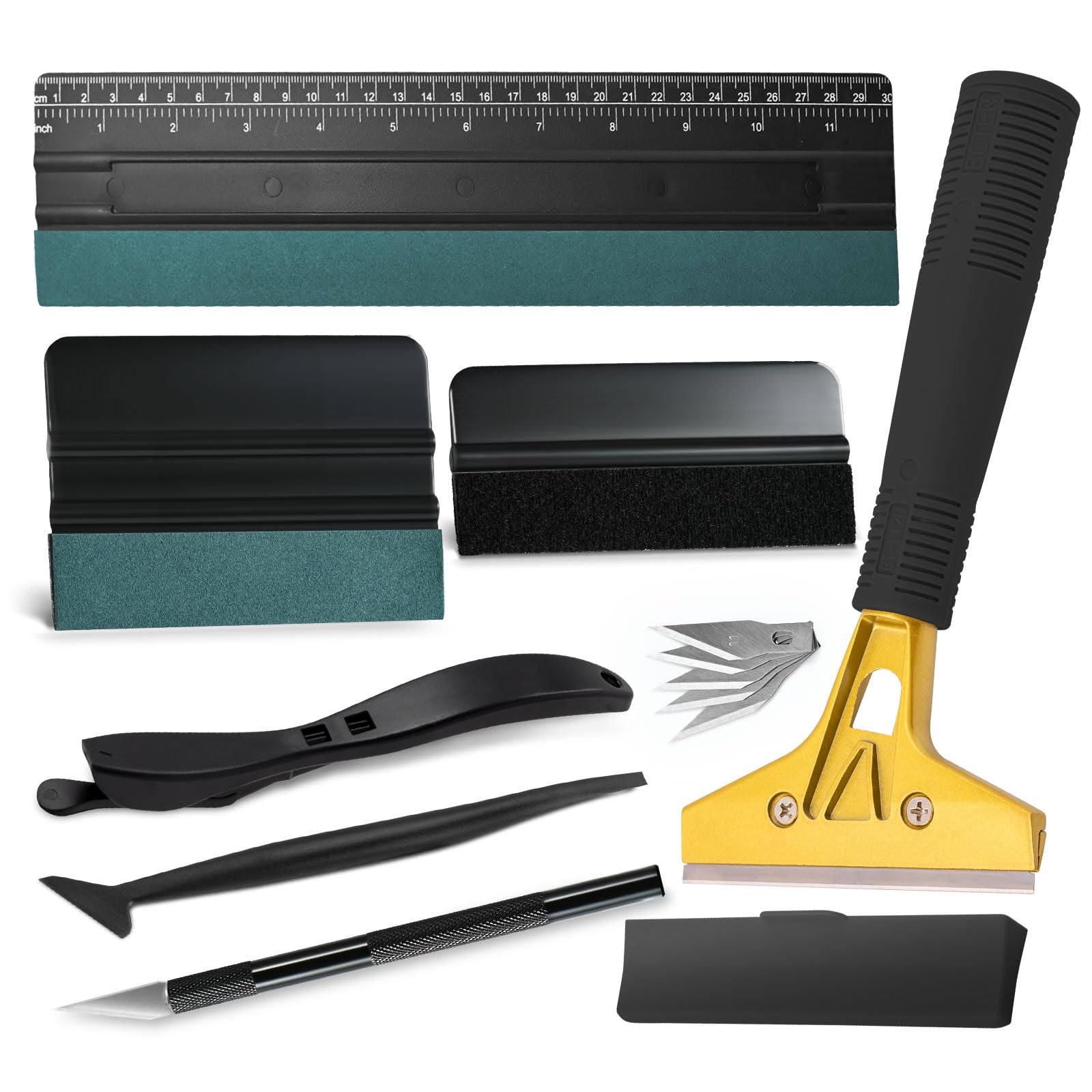 NEWISHTOOL Fensterfolien-Set, Vinyl-Wickelwerkzeuge, inklusive Rasierschaber, Folienschneider, Linealrakel und Tönungsrakel für Fenster-Sichtschutzfolie, Vinyl-Applikator