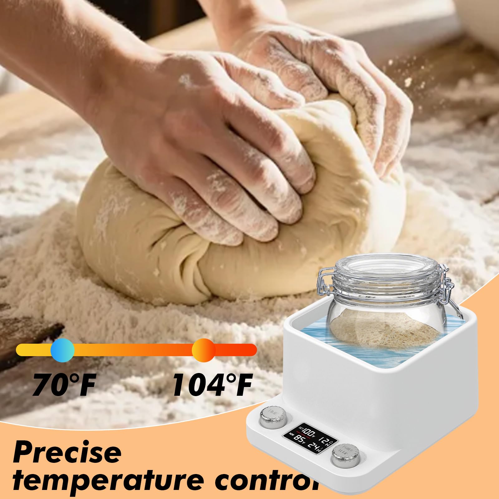 Calentador de Masa Madre con Baño María 360°, Control Preciso de Temperatura de 1°C (21-40°C), Temporizador 198H y Recordatorio de Alimentación – Caja de Fermentación para Masa Madre, Yogur, Kombucha