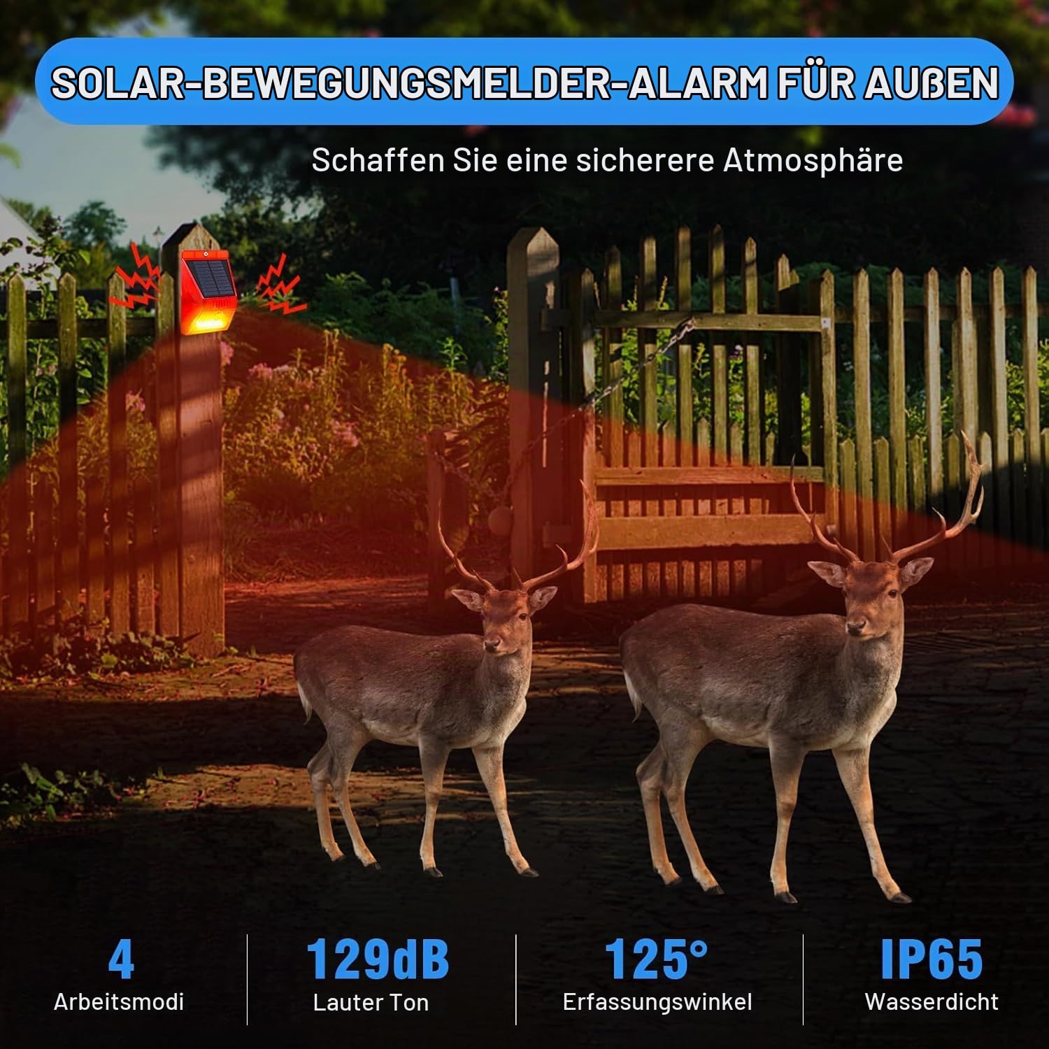 ChunHee Solar-Bewegungsmelder Außen-Bewegungsmelder 129 dB Lauter Geräuschsicherheitssirene IP65 Wasserdicht Geschützt für Garten, Bauernhof, Garten, Hühnerstall, 4-Pack