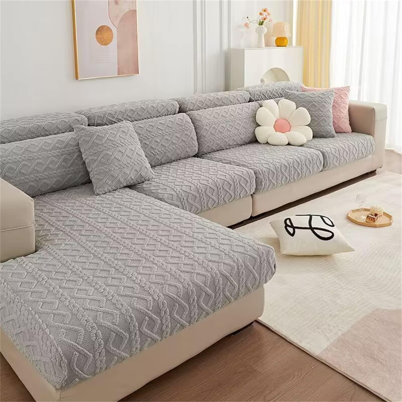 KNVSS Stretch Sofa Cushion Covers,Sofa Seat Cushion Covers Stretch Polyester Fabric Seat Cushion Protector, Non-Slip Couch Slipcovers (Grey,2 Seater)