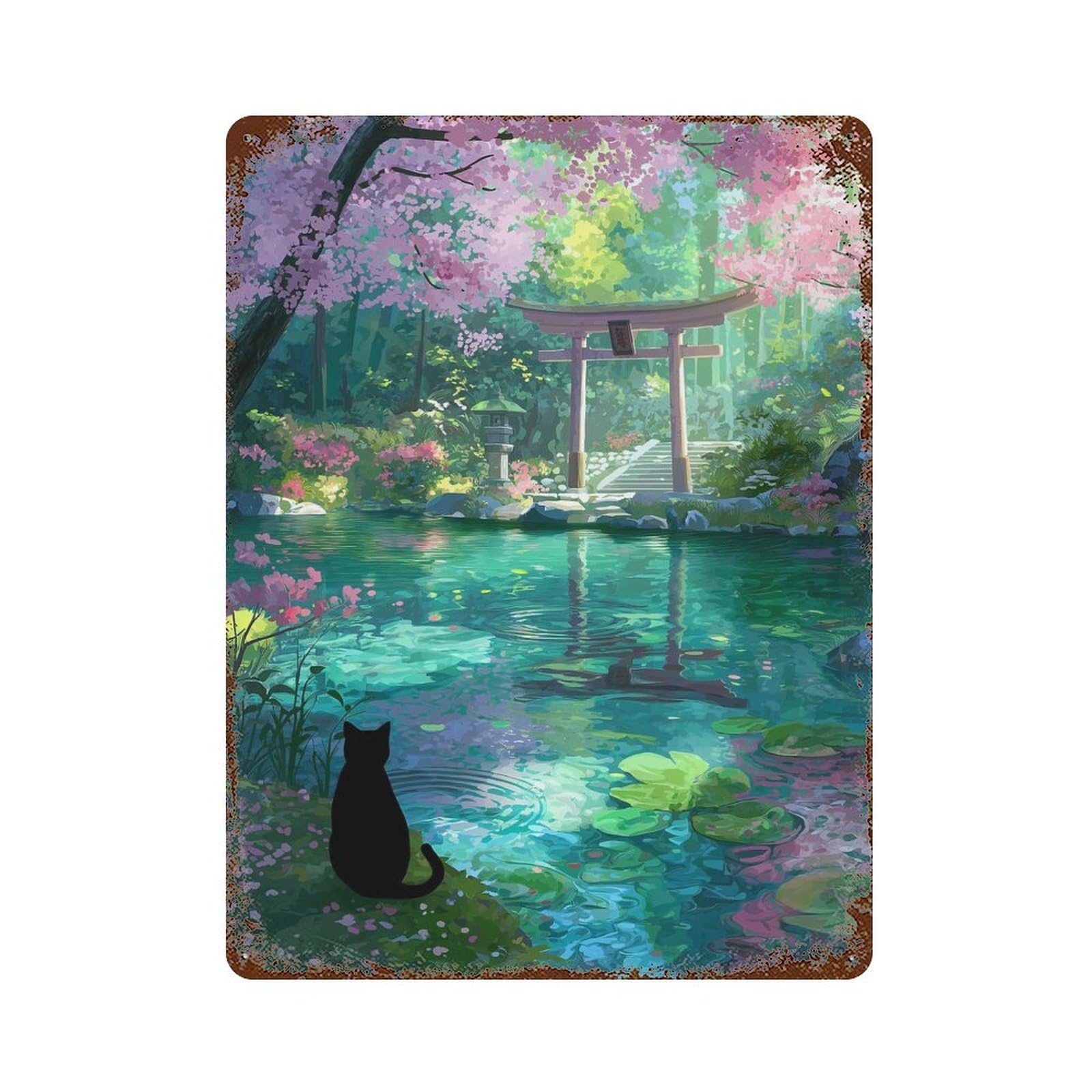 Black Cat at Shrine Cherry Blossom Pond Vintage Rust Metal Sign 15.7"x11.8", Shabby Chic Decor for Living Room, Hallway And Home Decor