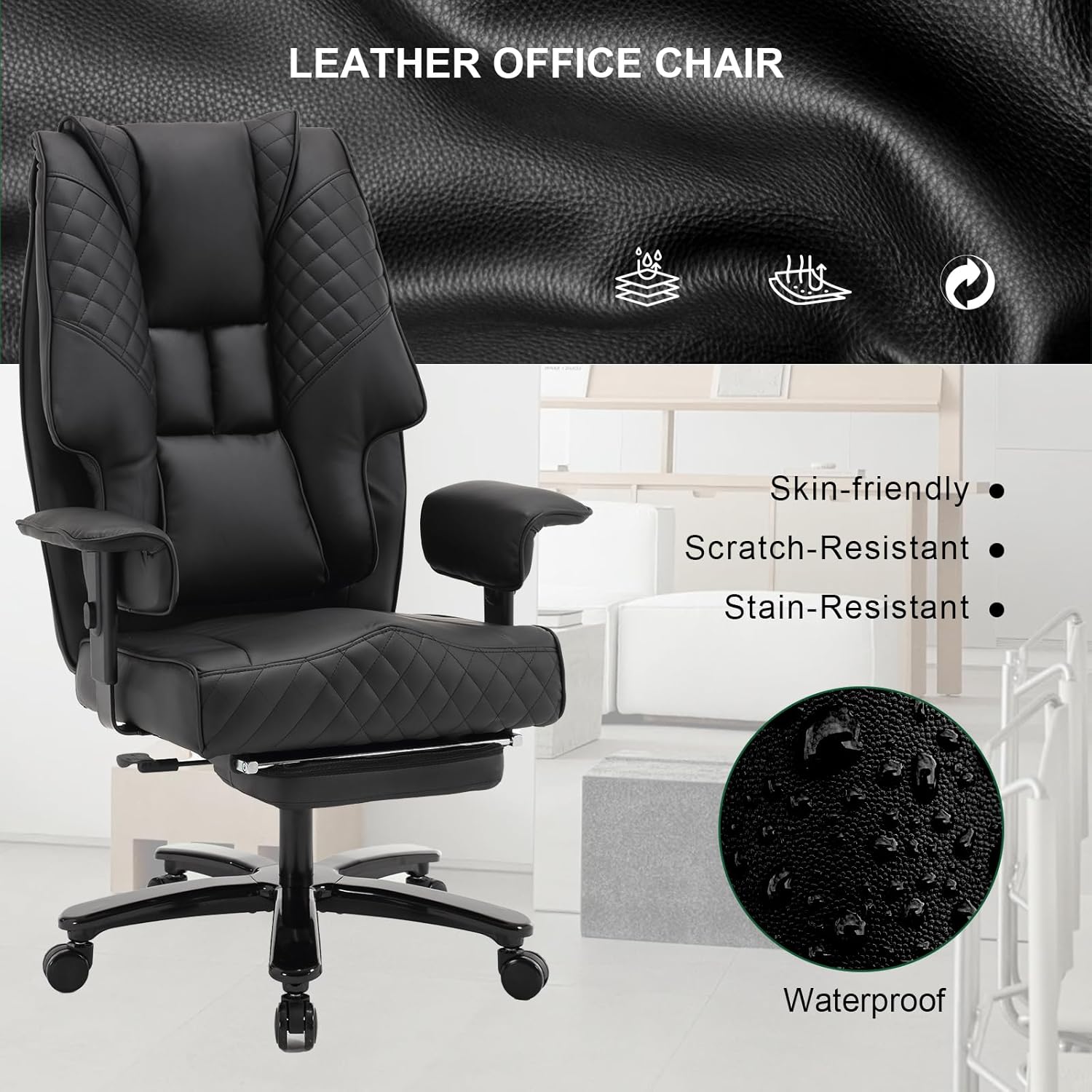 KCREAM leather office chair highlighting skin-friendly, scratch-resistant, stain-resistant, and waterproof properties