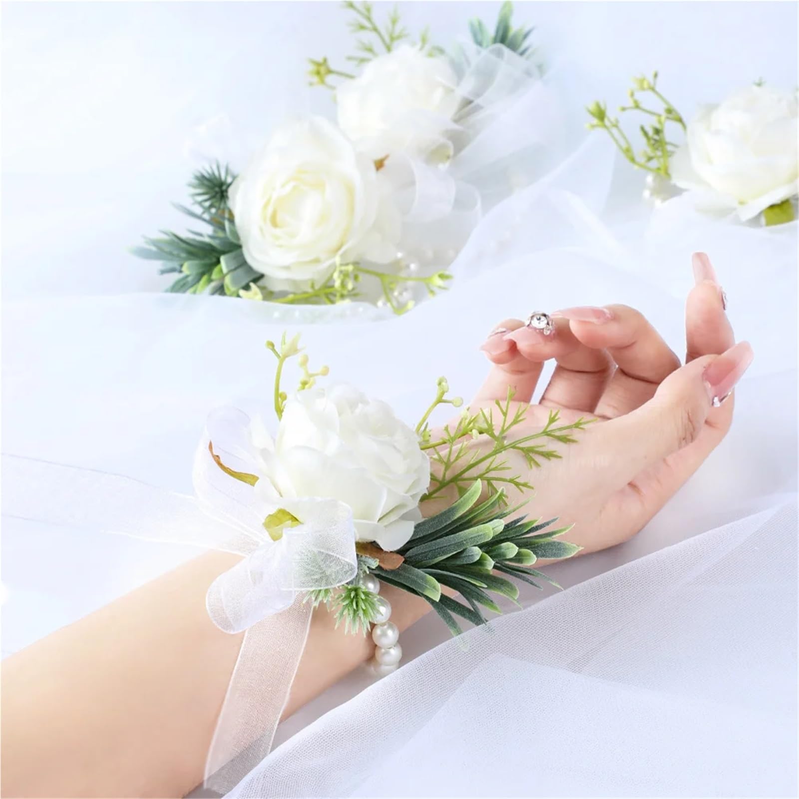 Fiore sul Petto di Nozze, Polso della Damigella d'Onore Sposa dello Sposo, Accessorio, Simulazione del Nastro Rosa, ghirlande(6pcs-Corsage)