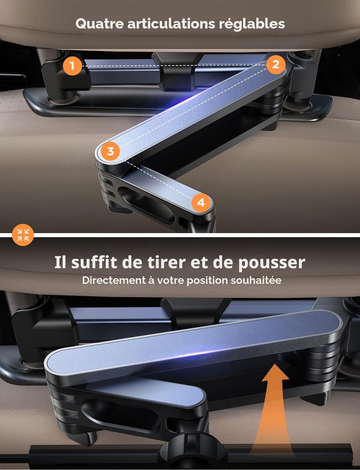LISEN Support de tablette pour iPad, appuie-tête de voiture, stable, extensible, rotatif à 360°, organiseur de voyage pour iPad Air Pro/Kindle/Switch 4,7-11,9", noir foncé