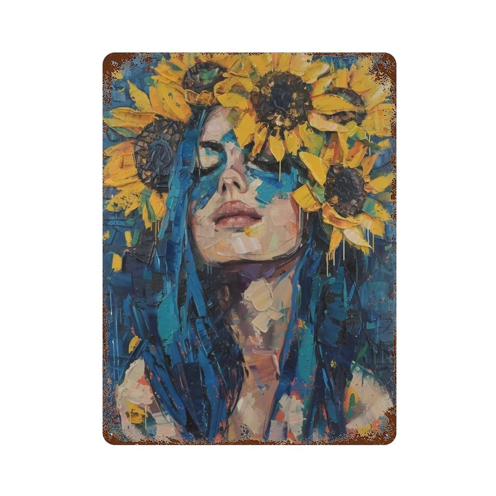 YHGERTKU Sunflower Woman Portrait 04 Wall Art Retro Iron Vintage Metal Tin Sign Poster Modern Decor for Living Rooms Gift 40x30cm