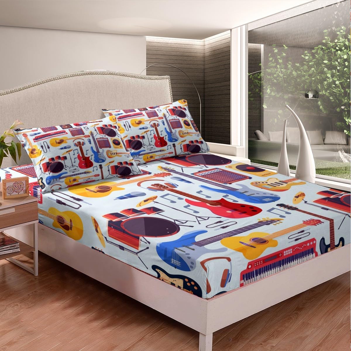 Manfei Musical Kids Fitted Sheet Queen Size, MusicalGuitar Radio Drum Kit Headset Print Bedding Set 3pcs for Boys Girls, Rock Music Bed Cover with 2 Pillowcases, Soft Polyester Bedding, No Top Sheet