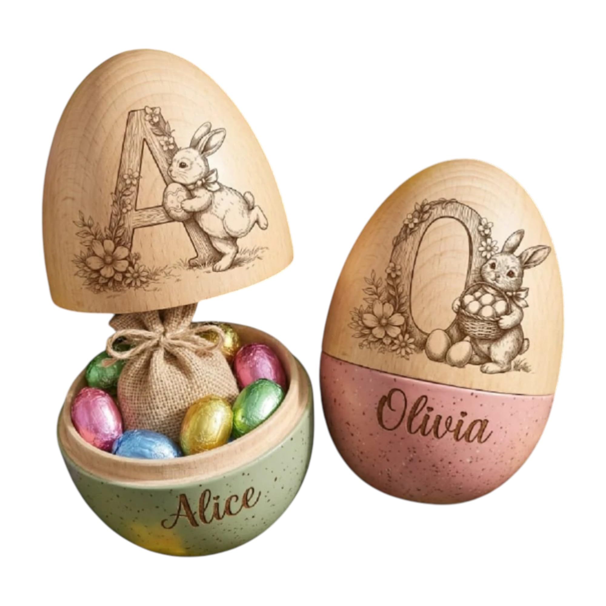Personalized Bunny Floral Wooden Easter Egg with Name and Initial, Reusable Large Hollow Speckled Easter Keepsake, Basket Filler, Easter Gift for Kids