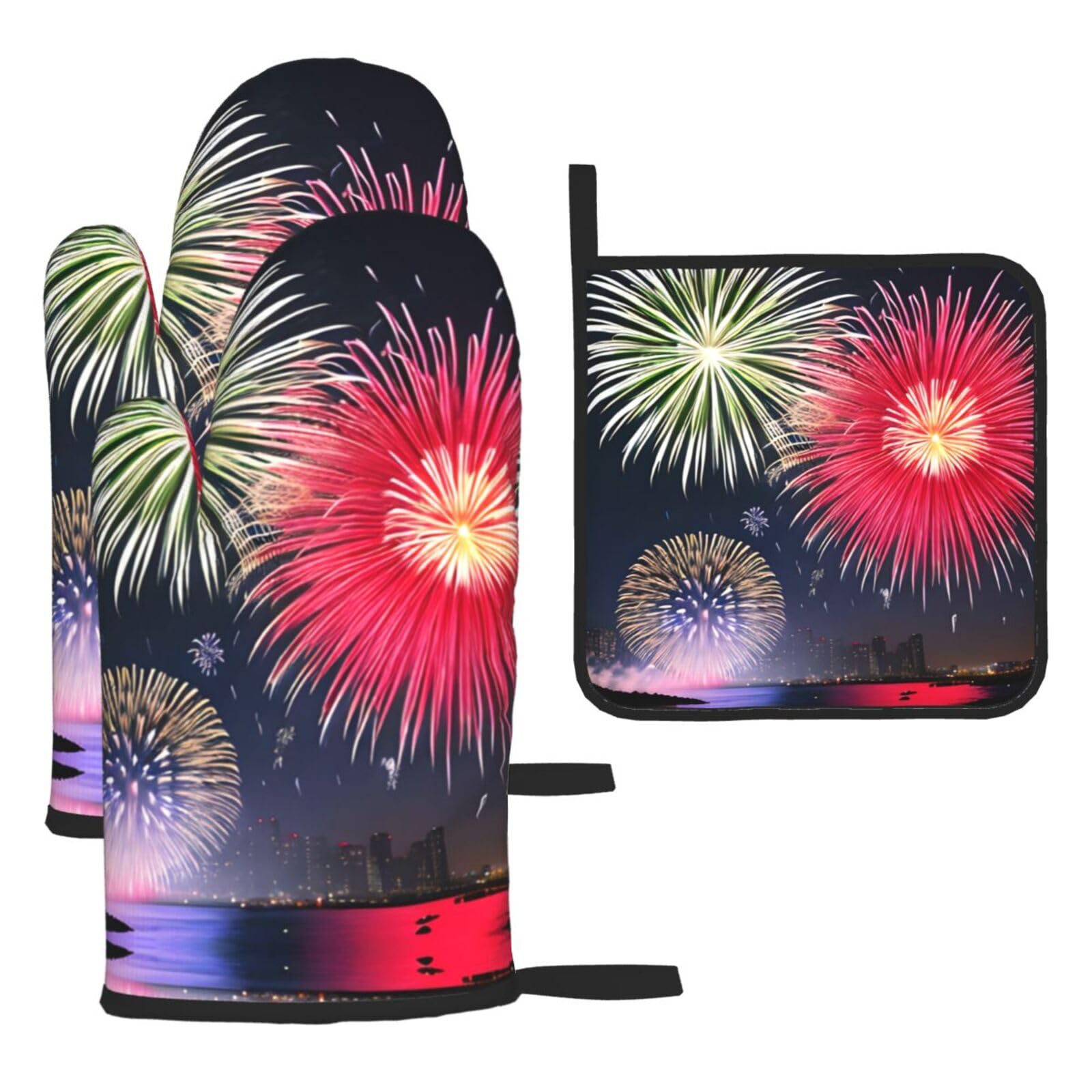 Splendid fireworks Printed Kitchen Oven Mitt Set 3-Piece Heat Resistant Gloves with Pot Holder Mat for Cooking Baking BBQ