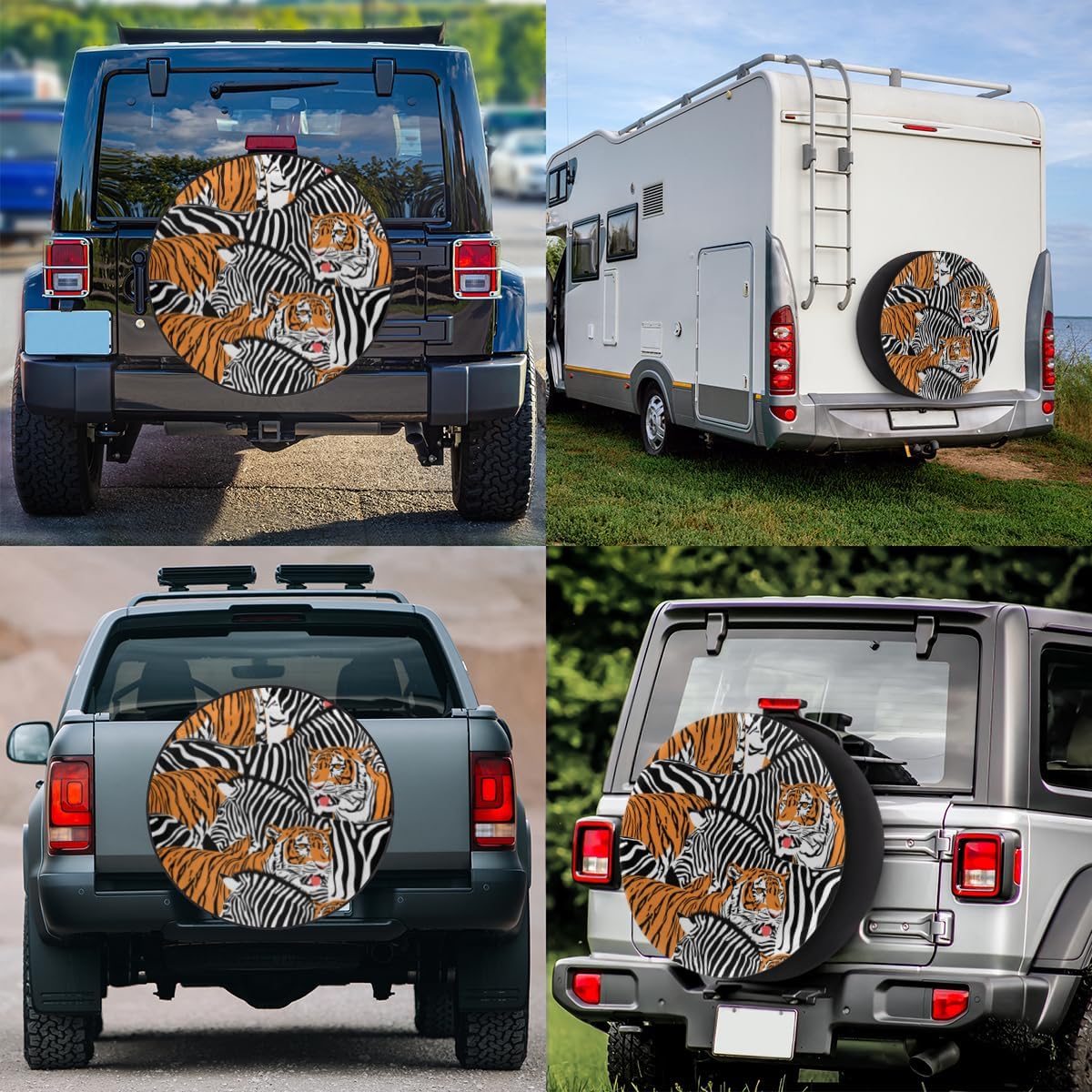 Tiger and Zebras Tire Covers Portable Spare Tire Cover Soft Durable Waterproof Dustproof Set of 4 Bags 14 Inches for Car Truck SUV Trailer Camper