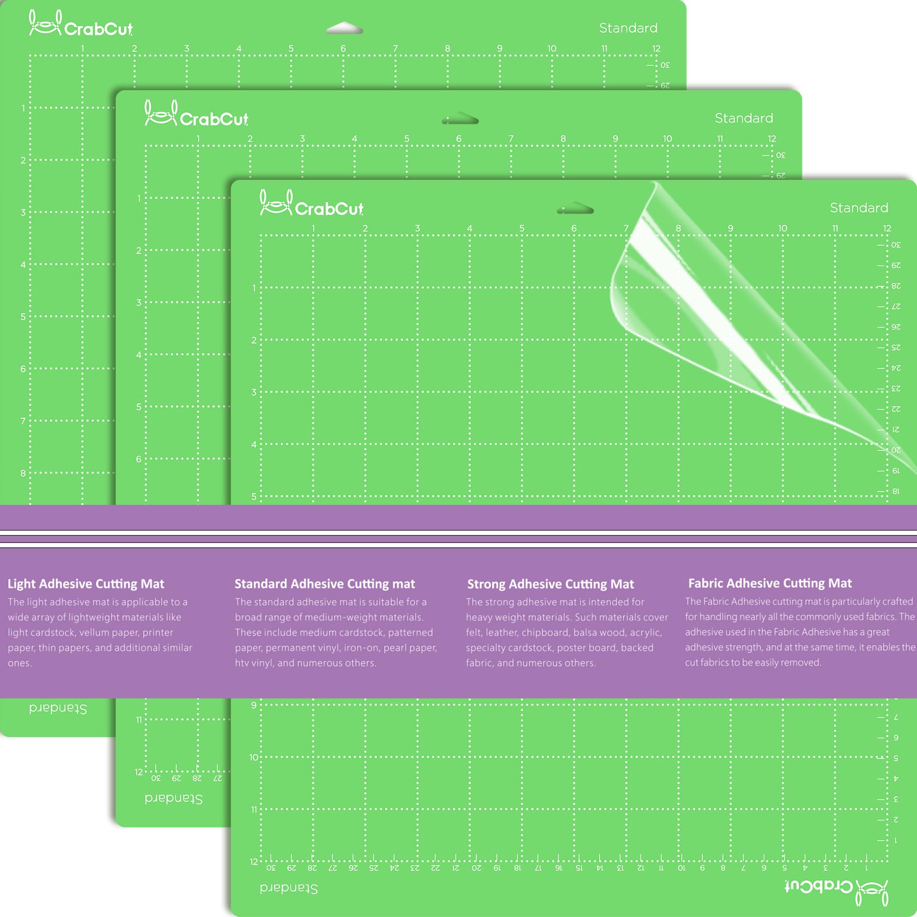Crabcut Cutting Mats for Cricut Maker 4/Explore 4/Maker 3/Explore 3/Air 2: 12x12 Inch 3Pack Green StandardGrip Durable Long Lasting Standard Stickness Replacement Cut Mat for Siser Juliet Romeo