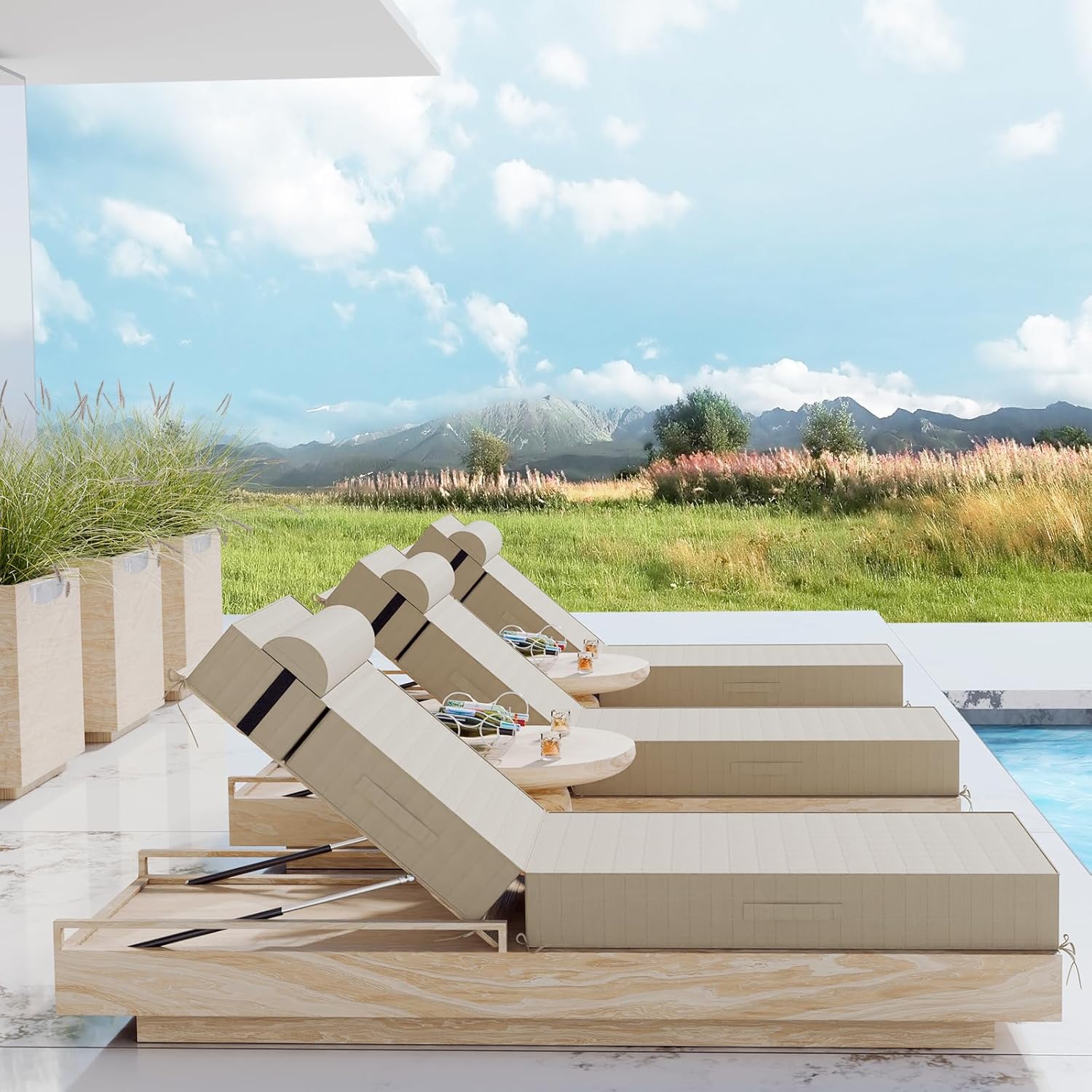 Outdoor Olefin Chaise Lounge Cushions with Pillow, 80"x 26"x5" Water Resistant and Fade Resistant Patio Furniture Lounge Chair Pads with Straps Ideal for Patio, Lawn, Garden, Beige