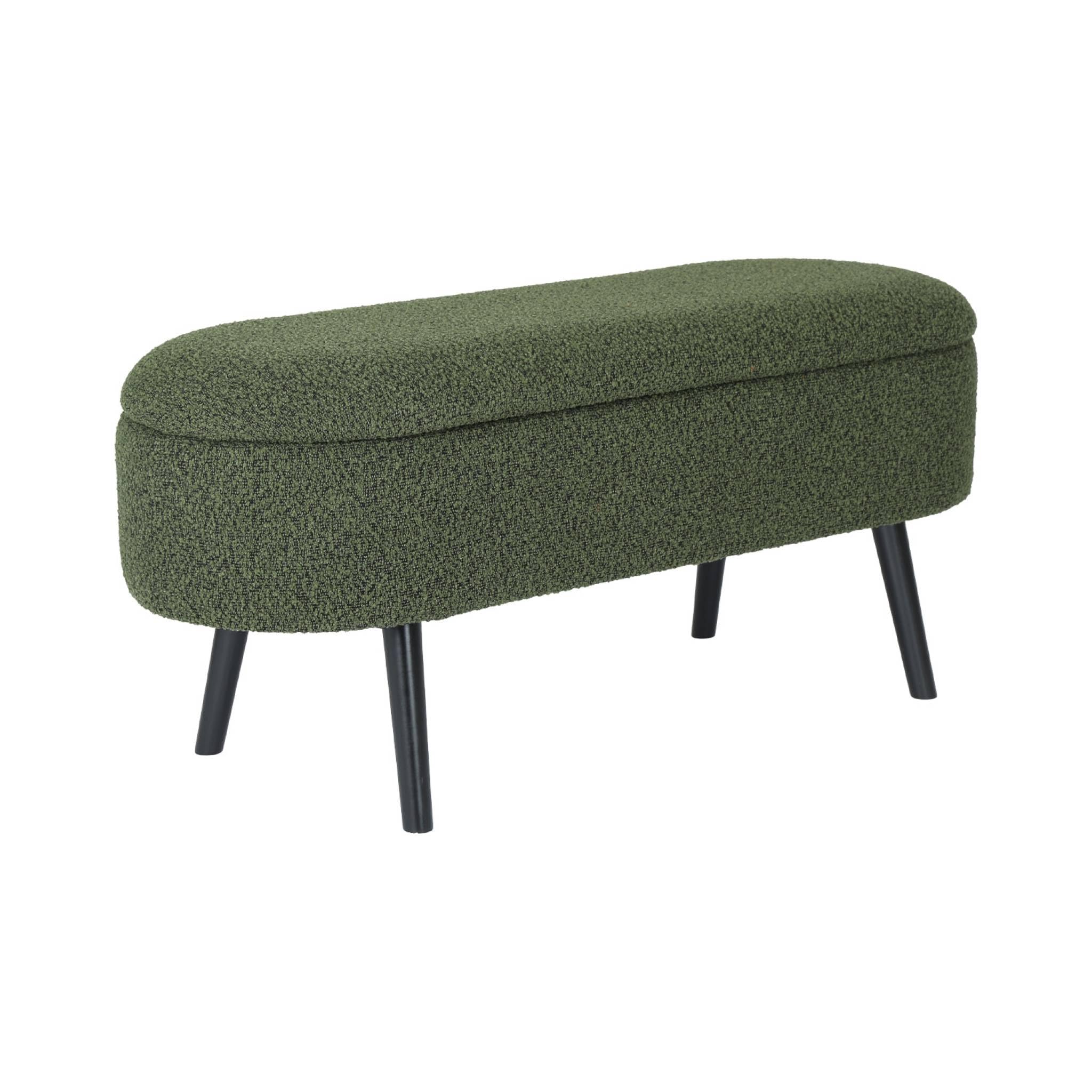 sweeek - Banc Coffre. Bout de lit avec revêtement Bouclette texturée. Kaki. Pieds en Bois Noir. L 112 x 44 x 50cm
