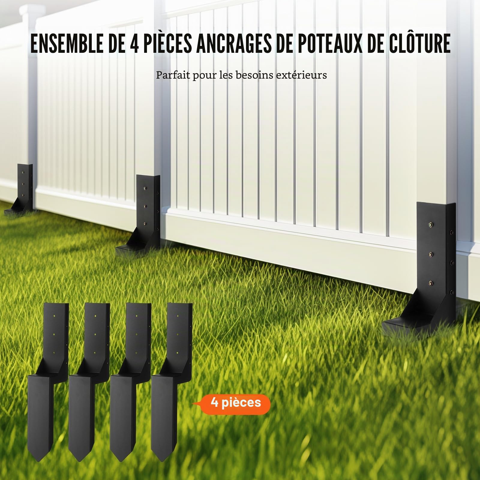VEVOR Kit de réparation de poteau de clôture, 4 pcs, support de poteau en acier robuste, intérieur 89 x 89 mm, piquet d'ancrage au sol pour réparation de poteau de clôture en bois incliné ou cassé