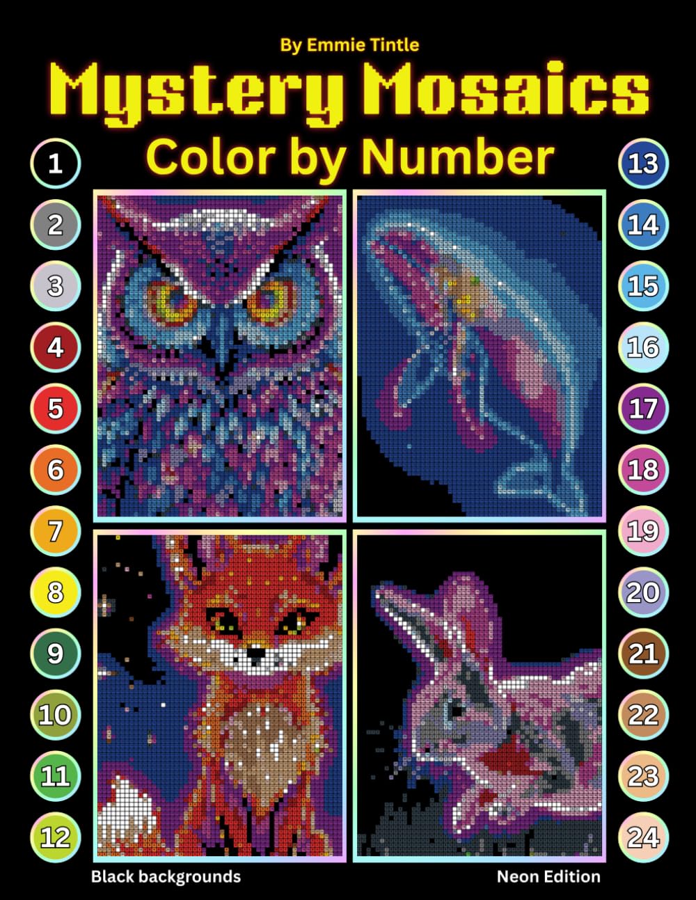 Mystery Mosaics Color by Number: Glowing Designs for Adults – Featuring Hidden Animals and Black Backgrounds for Stress Relief and Fun