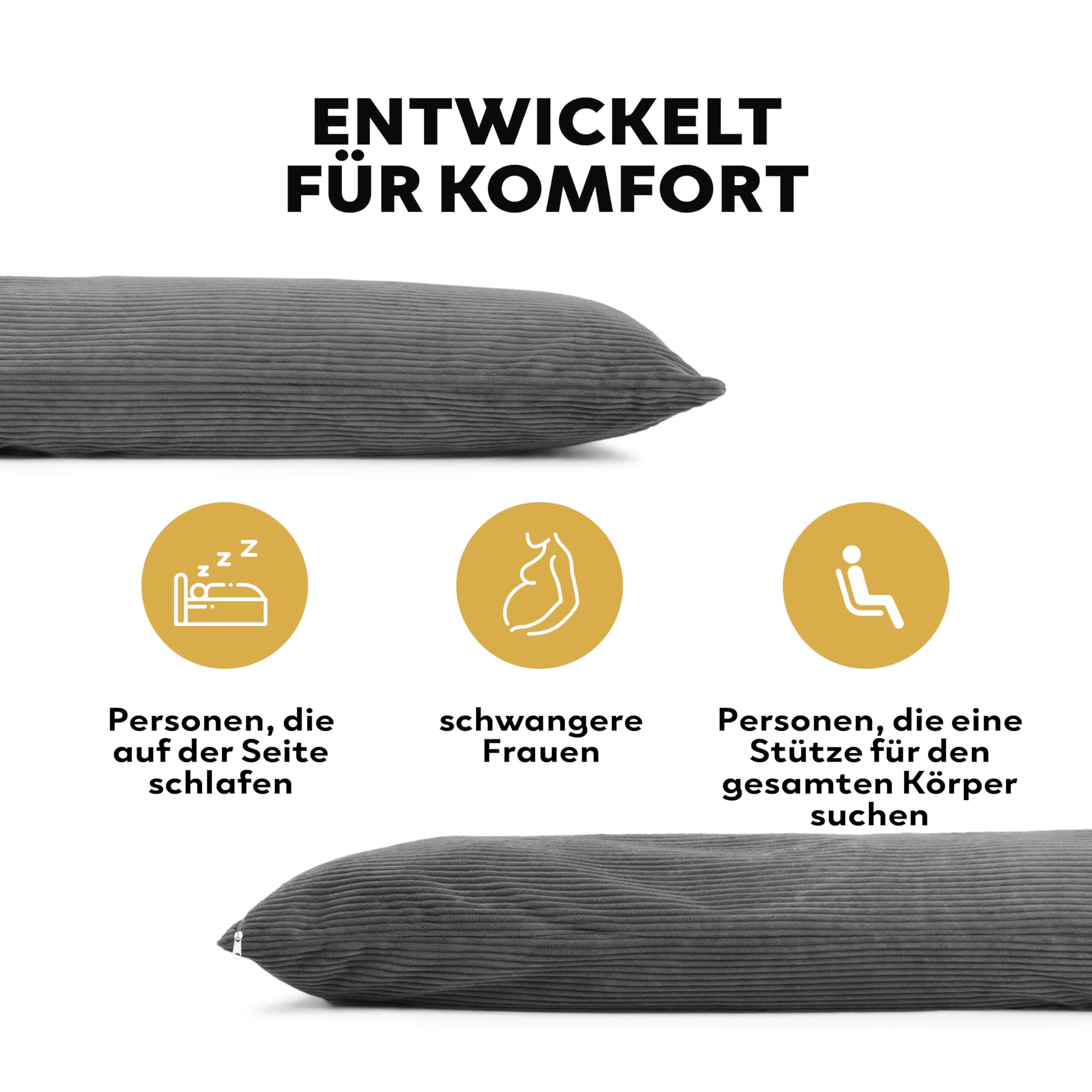 Premium Seitenschläferkissen 200 x 40 cm – Ergonomisches Körperkissen Bezug – anschmiegsam & atmungsaktiv – Allergikerfreundlich, waschbar (1, Dunkelgrau, 200 x 40 cm)
