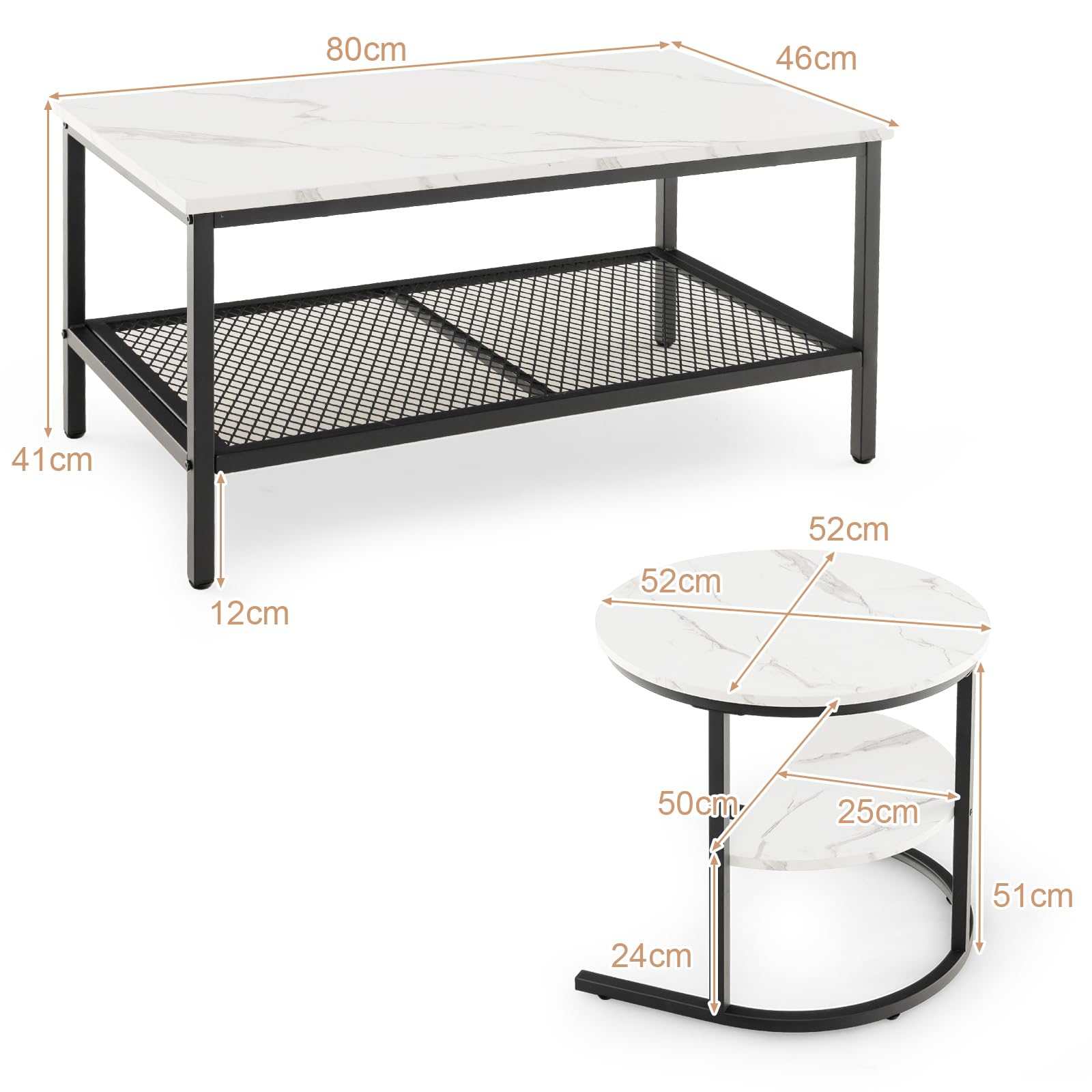 LIFEZEAL Juego de 2 Mesas Auxiliares, Mesa Nido Separada o Unida, Mesa de Centro + Mesa Redonda para Salón, 2 Estantes, Efecto Mármol, Modernas, Estructura Metálica (Negro+Blanco)