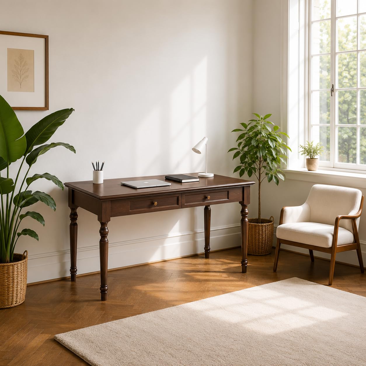 Schreibtisch aus Massivholz mit Schubladen, 120 cm,Walnussfarben | Französischer Landhausstil, ideal für Zuhause, Wohnzimmer, Arbeitszimmer oder Büro
