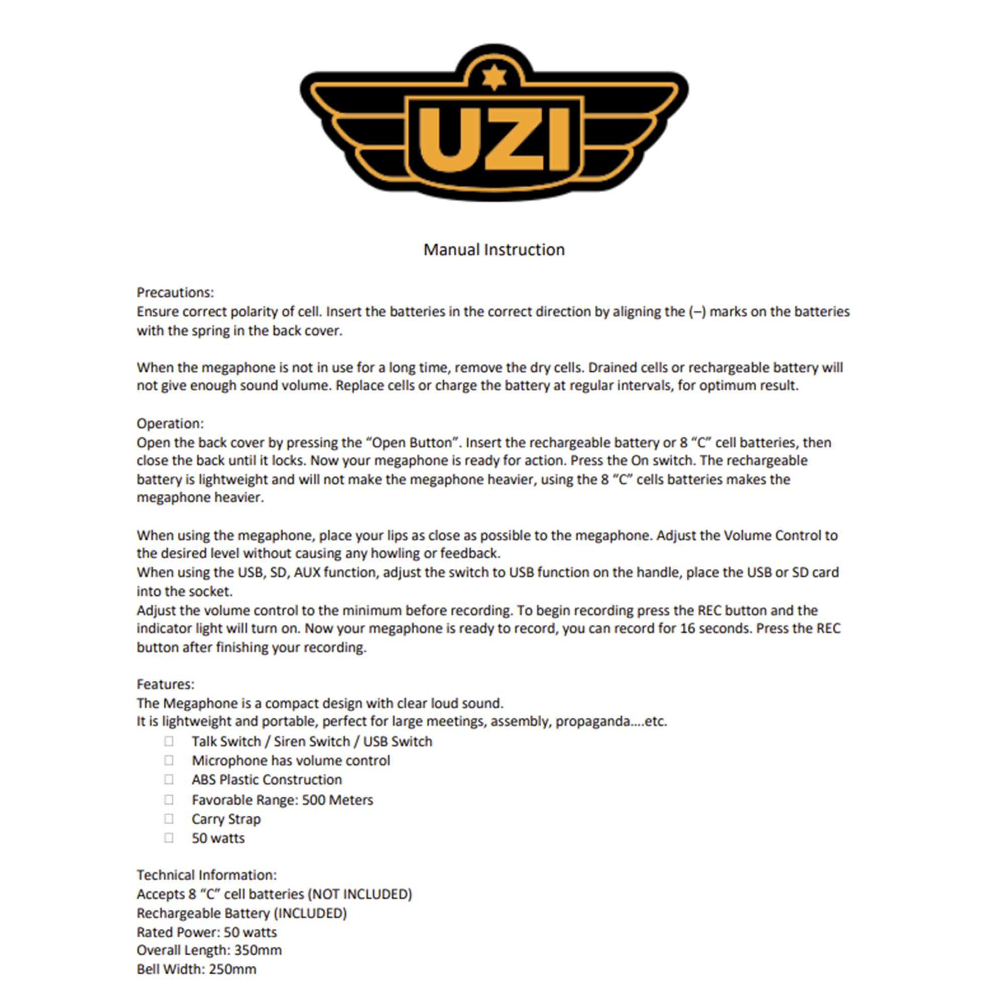 Uzi Mégaphone Bluetooth Haute Puissance 50 W, mégaphone Professionnel utilisé par Les Premiers intervenants, la Police et Les agences, Batterie Rechargeable, système de sonorisation, activités de