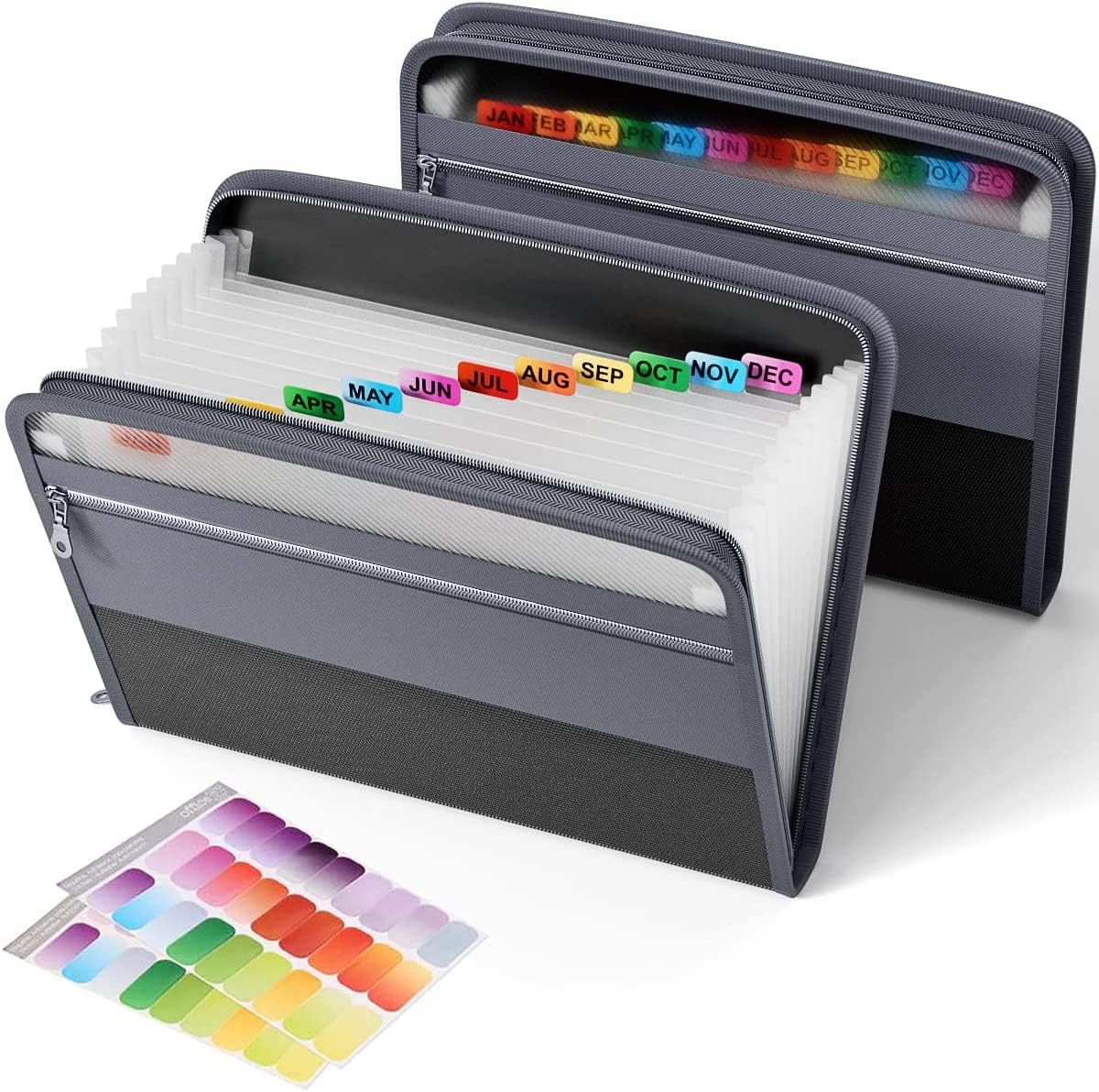 2 Pack Expanding File Folder with Zipper Closure 13 Pockets Accordion