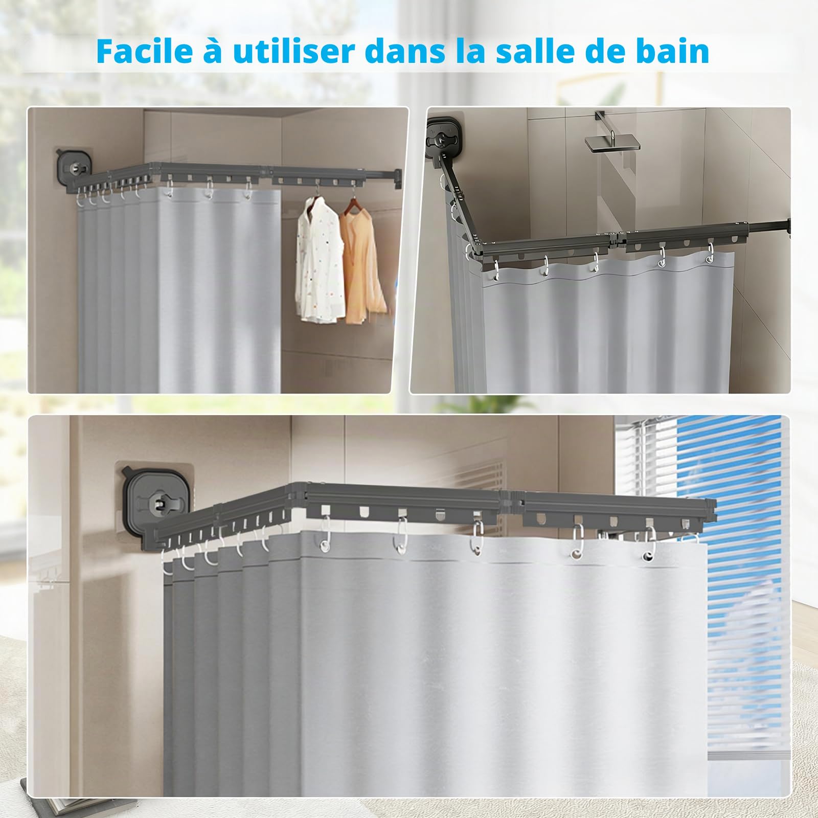 Tringle à rideau de douche pliable avec ventouse, sans perçage, étanche, montage mural, en forme de L/U, pour coin / baignoire (noir, 5 segments)