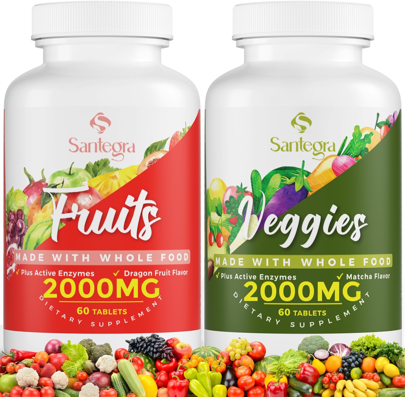 2000 MG Fruit and Veggies Supplement, 35+ Fruits and Vegetables for Daily Variety, 100% Whole Food Superfoods, Natural Vitamins for Women & Men, Sugar-Free, Gluten-Free, Vegan, 120 Tablets