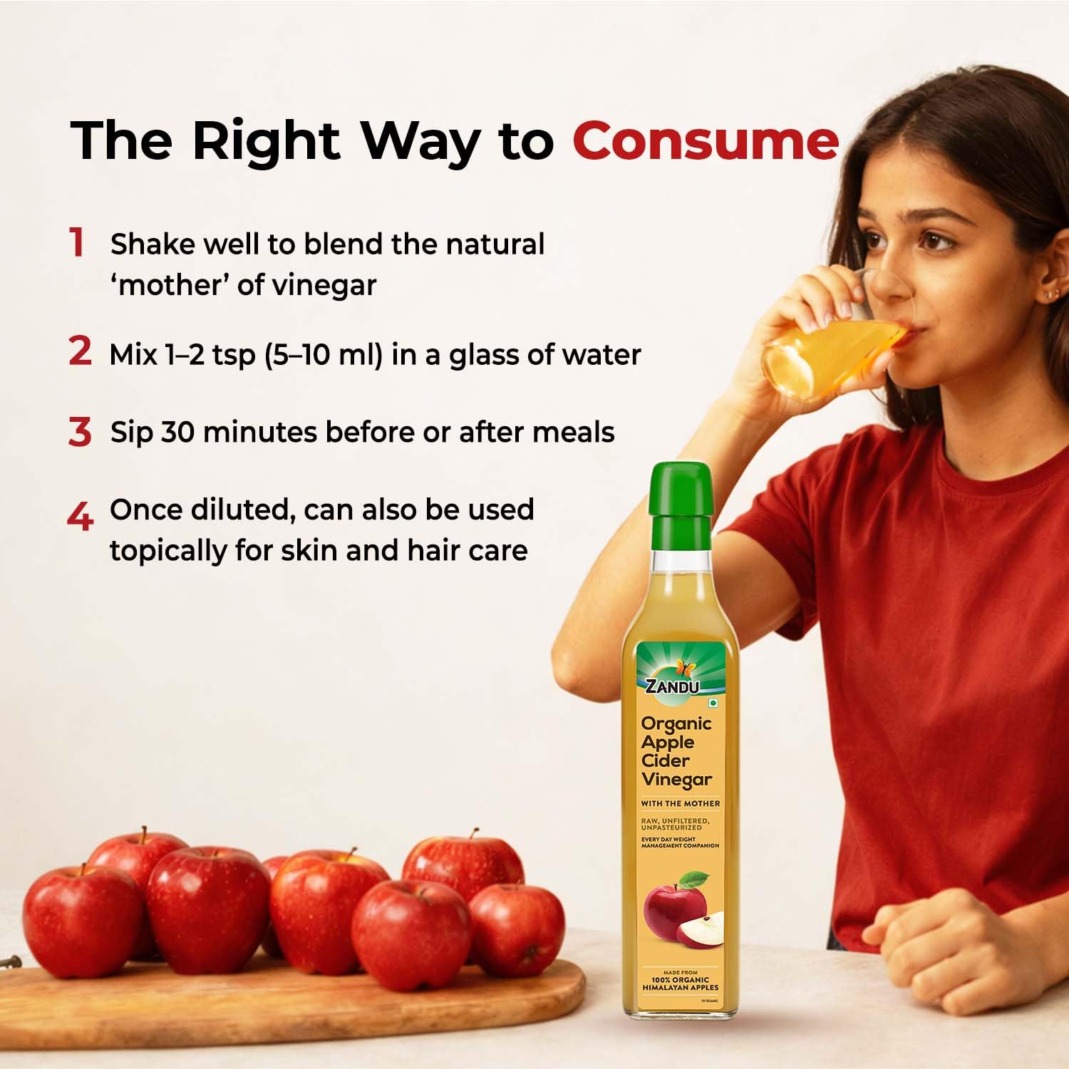 Zandu Organic Apple Cider Vinegar with Mother | Scientifically Tested | Raw, Unfiltered, Unpasteurized | Supports Healthy Weight & Digestion | 100% Organic Apples | 500ml 3