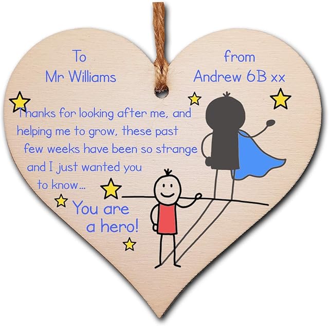 Personalised Handmade Wooden Hanging Heart Plaque Gift you are a hero thanks for helping me grow fun novelty window wall hanger thank you gift teacher childminder distance learning home schooling