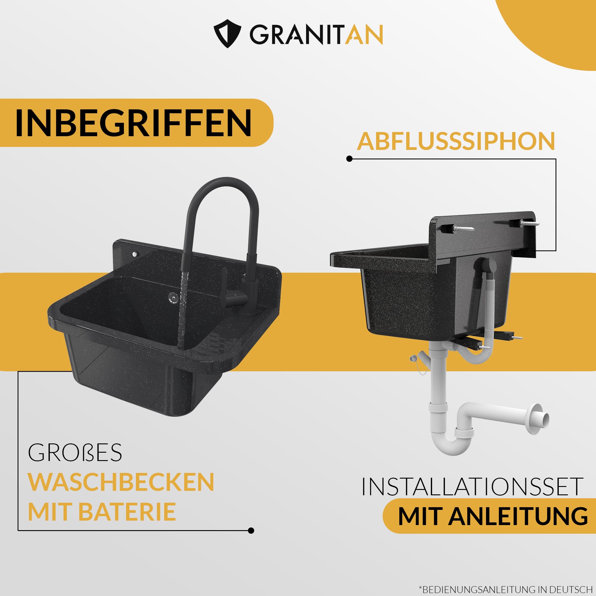 Lavabo Universel avec Siphon et Robinet de Lavabo Flex - 50x34x31 cm - Évier Exterieur pour Garage et Cave - Montage Mural - Noir - Granitan