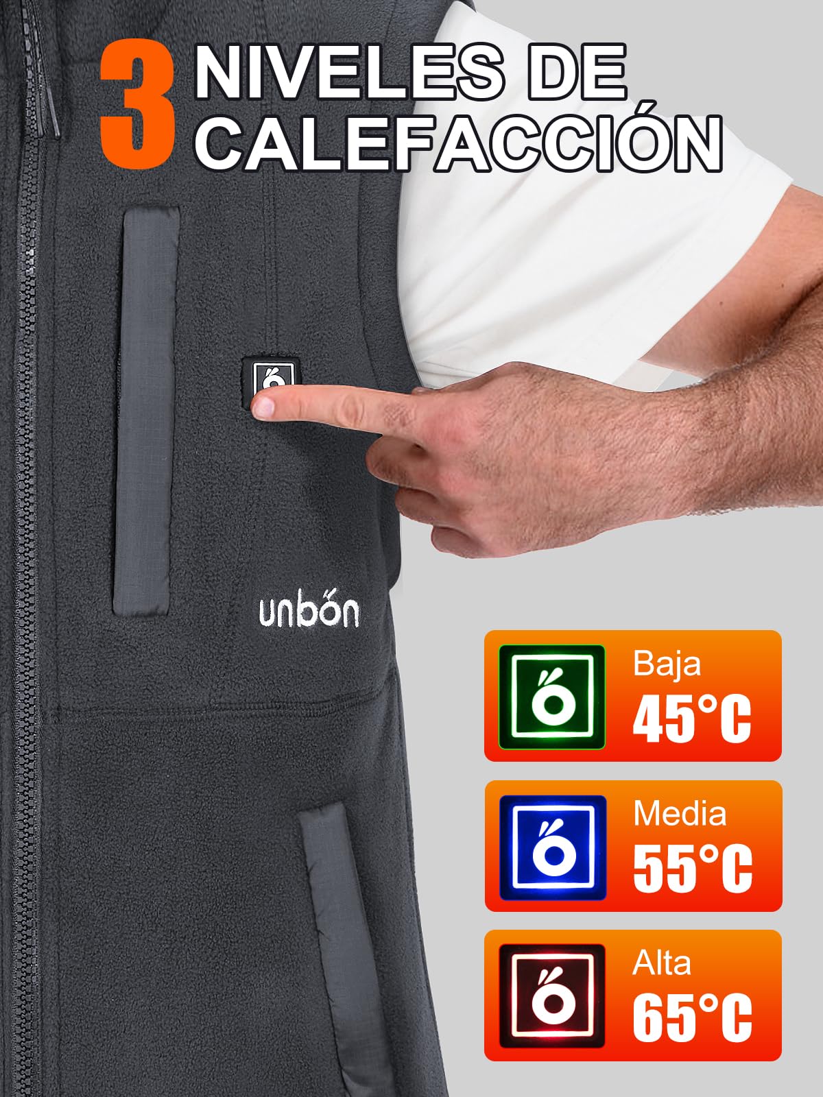 UNBON Chaleco Calefactable Hombre con Batería USB 10000mAh, Chaleco Térmico Eléctrico Polar, Chalecos Calefactor Hombre con 3 Temperaturas 6 Zonas Calefactables para Moto Caza Trabajo, Gris, 3XL