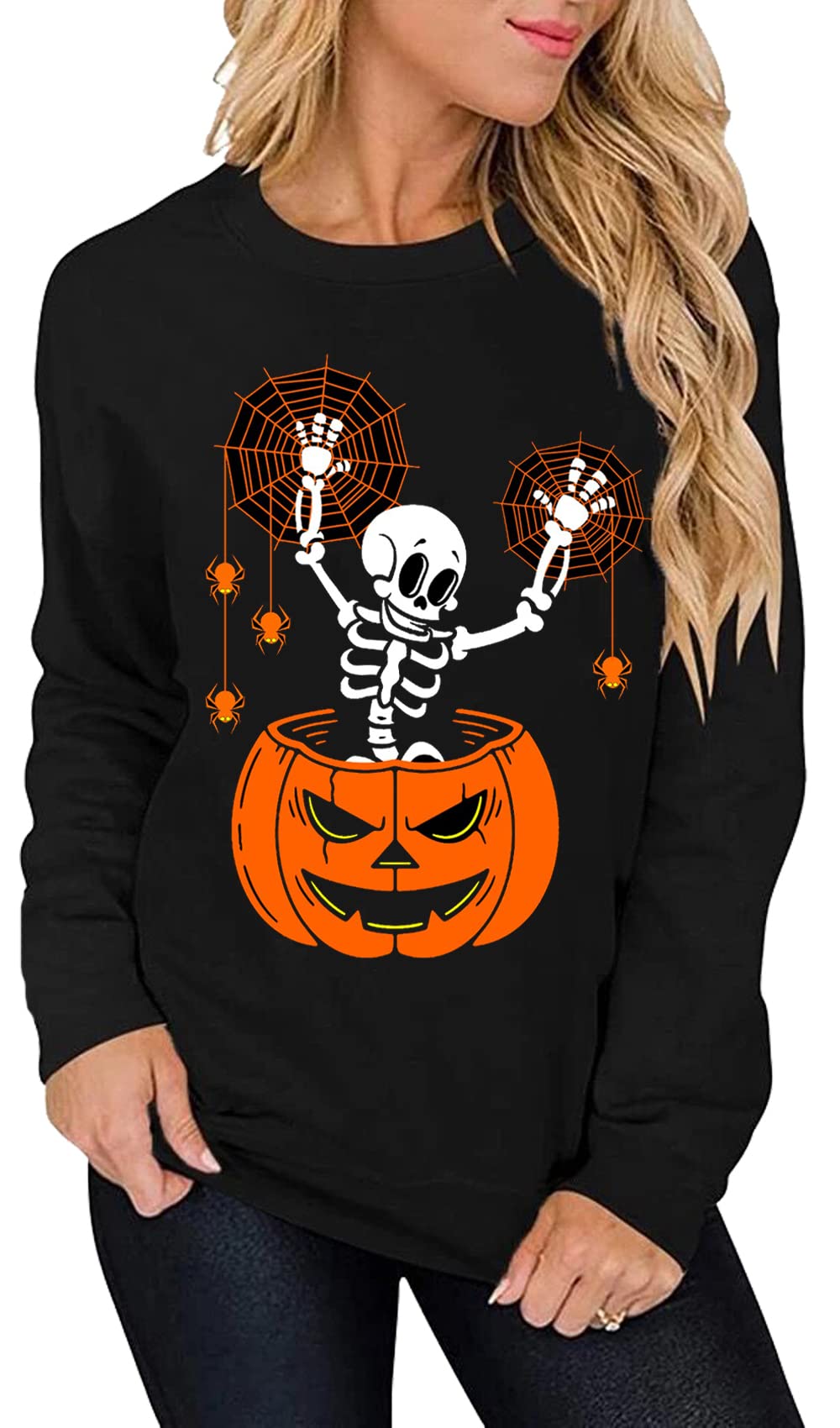 Women's Halloween Costume Pumpkin Skeleton T-Shirt Funny Long Sleeve Pullover Tops for Ladies
