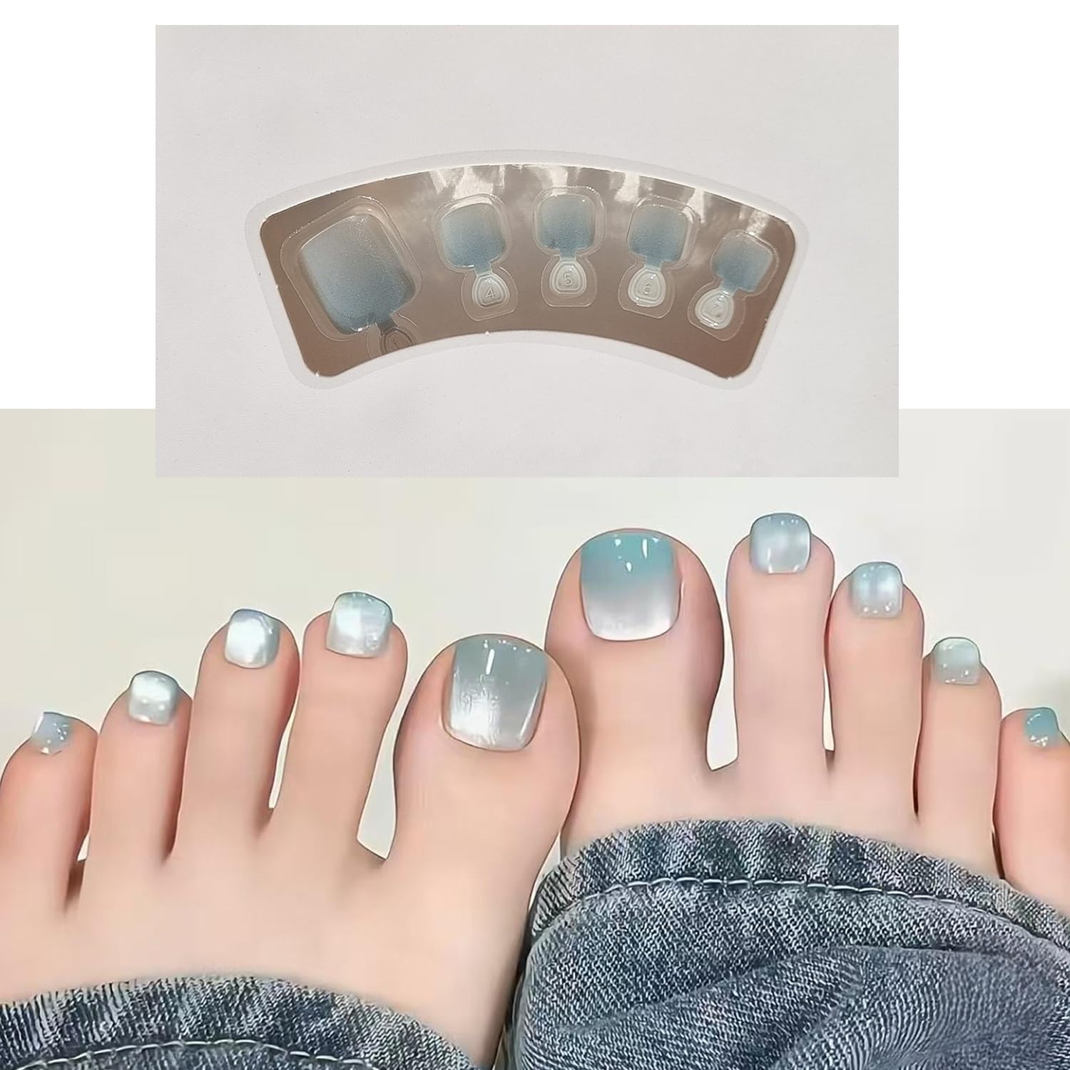 S.A.V.I Light Blue & Grey Cat Eye Press On Toenail Set for Women | Short Natural Square Shape | ABS Plastic Artificial Tips | 24 Pcs Reusable Fake Toenails with Glue & Adhesive Tabs-image-31