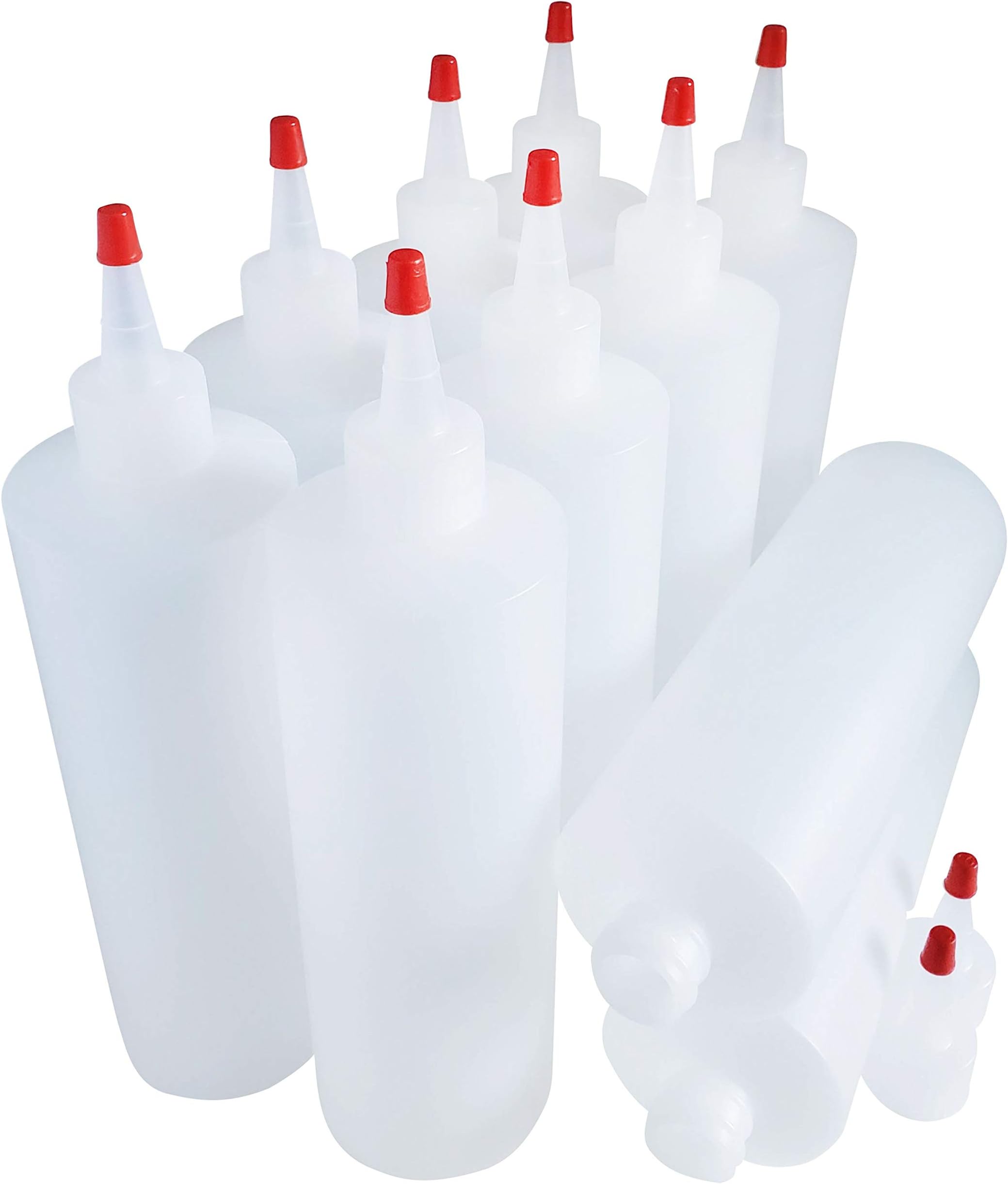 Kelkaa 16oz HDPE Durable Plastic Squeeze Bottles with Yorker Red Cap - Natural Clear Multi-Purpose Refillable Bottles (Pack of 10)