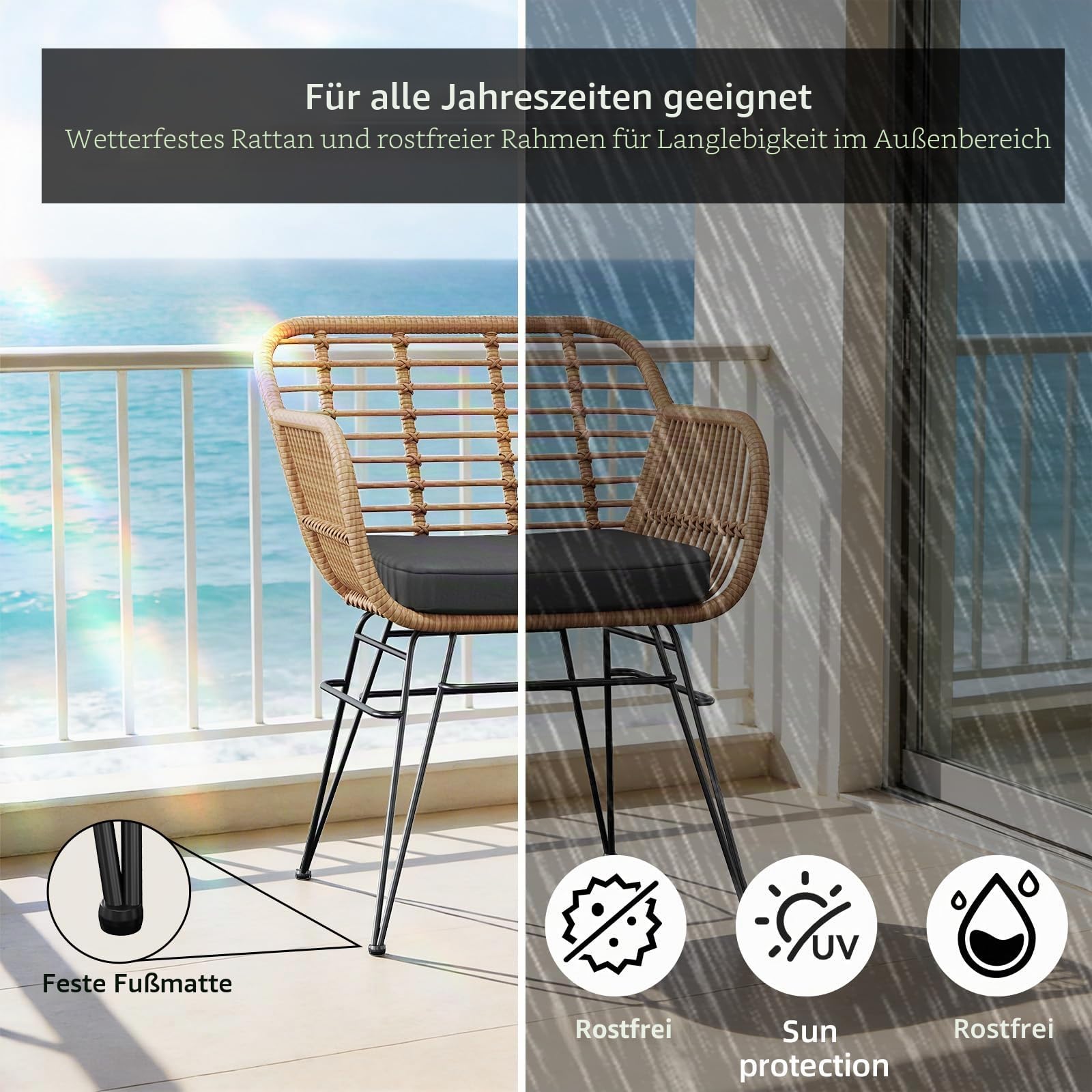 3-teilig Rattan Balkonmöbel Set, 2 Stühle mit Sitzkissen + Glastisch, Braun | Wetterfestes, Abnehmbare Dicke Sitzkissen, Gehärteter Glastisch, Nutzbar für Terrasse, Garten, Innen und Außenbereich