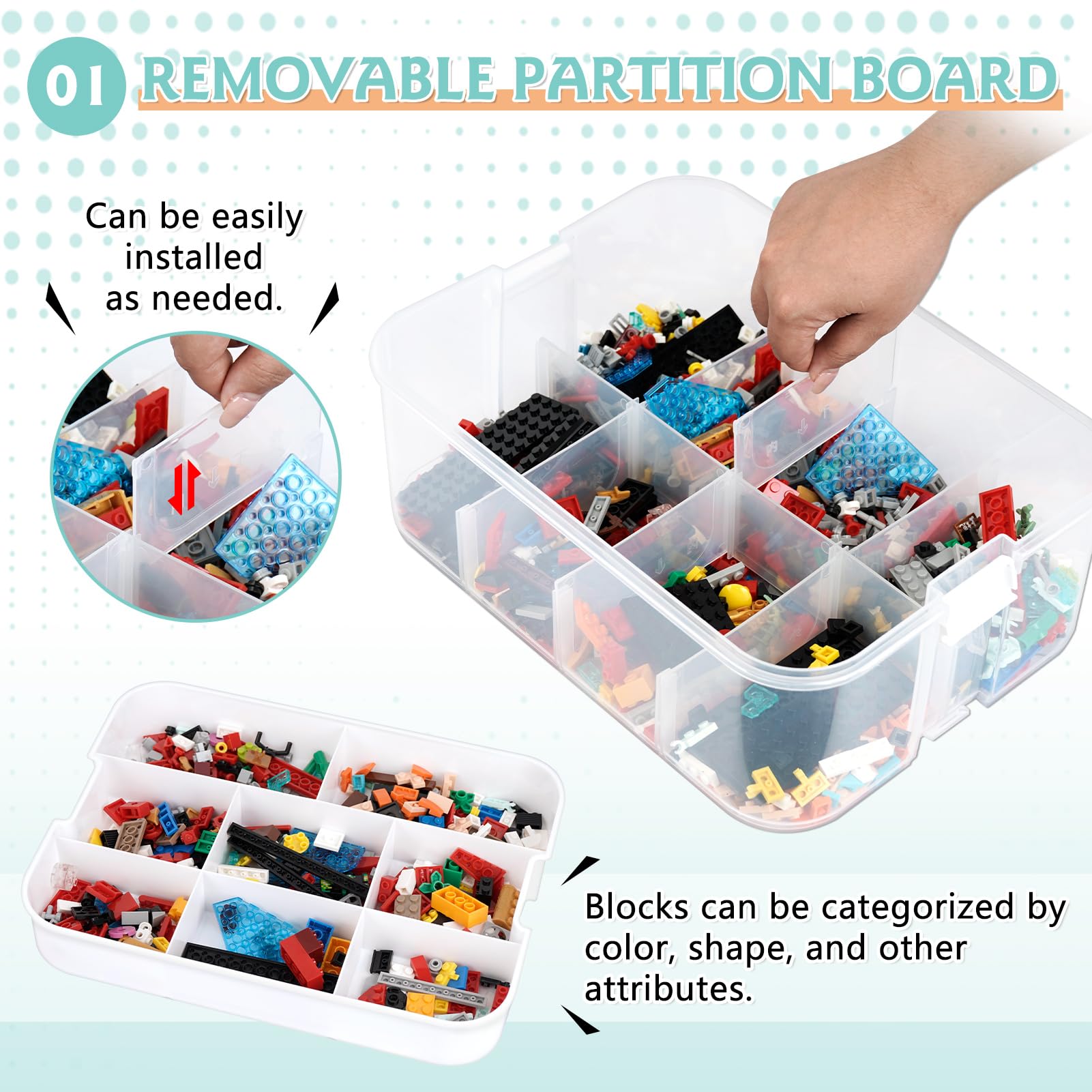 Aufbewahrungsboxen mit Deckel für Lego, 3 Ebenen Transparente Sortierbox, Plastik Stapelbar Box mit Griff& Abnehmbarem Tablett& Verstellbaren Fächer für Kleinteile, Handwerk, Accessoire