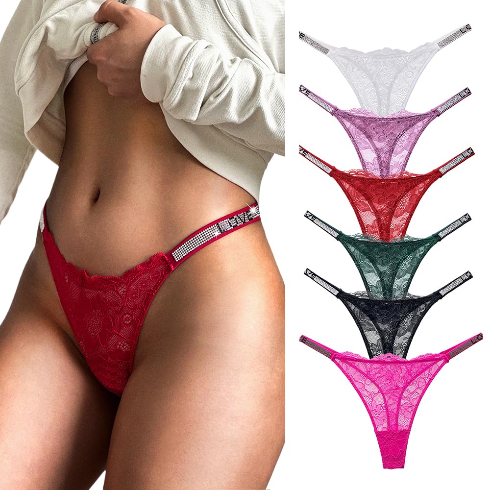 4UFIT Lace G-String Thongs for Women Sexy Low Waist Tangas Underwear Breathable Rhinestones Thongs Panties 3 Pack