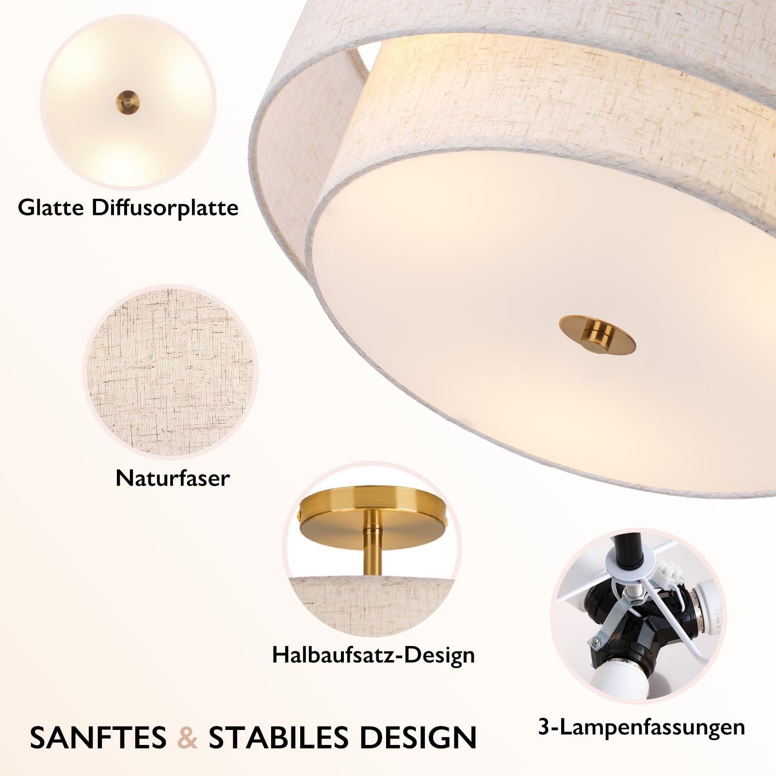 CALOKES Deckenlampe Stoff Beige Rund Ø40cm – Dimmbar E27 Deckenleuchte mit Gold Metall für Wohnzimmer Schlafzimmer Kinderzimmer Flur Küche – Weiches Licht für moderne Lampen an der Decke