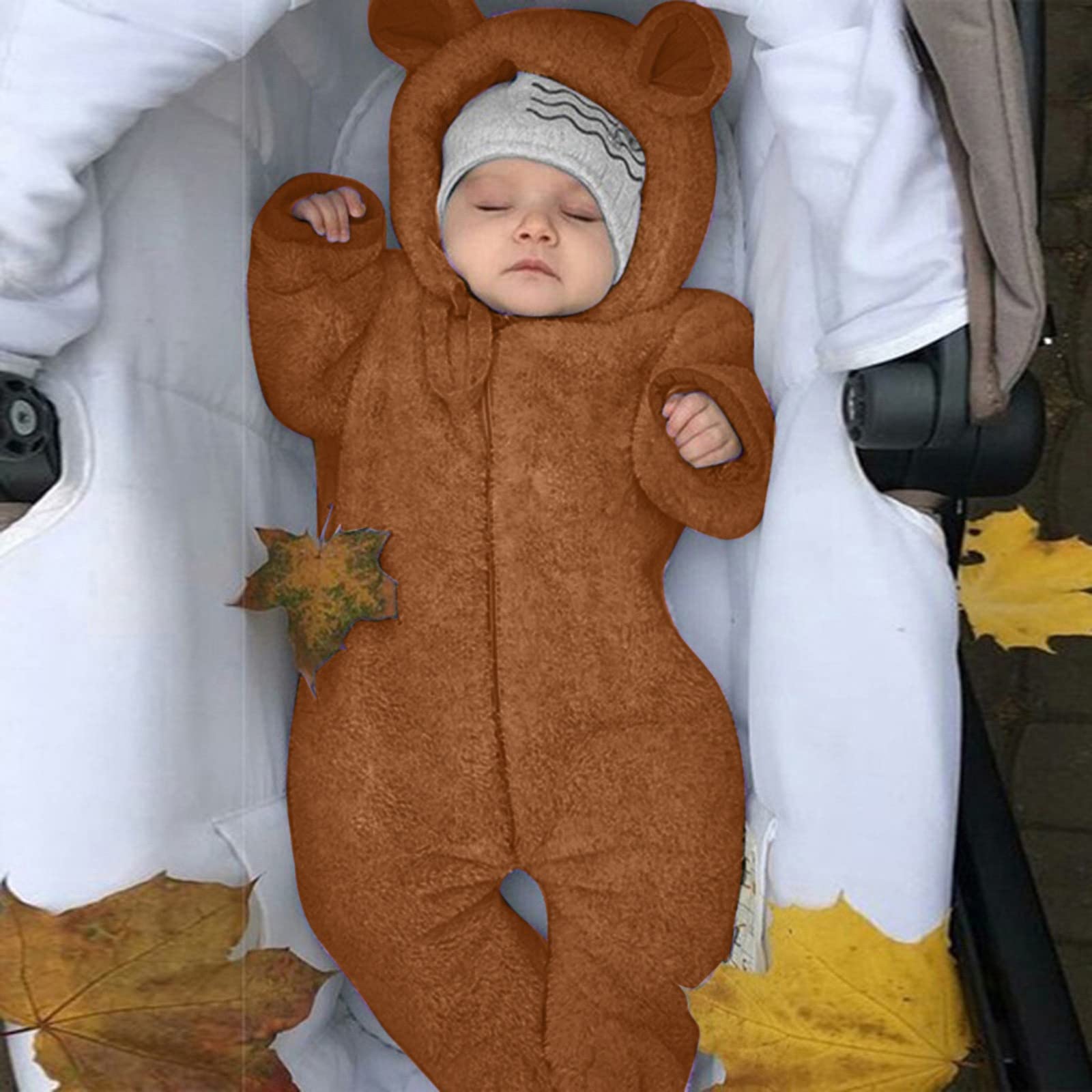 Girls Boys Bear Toddler Buttons Fuzzy Romper Infant Jumpsuit Baby Hooded Coat Winter Warm Clothes Outerwear