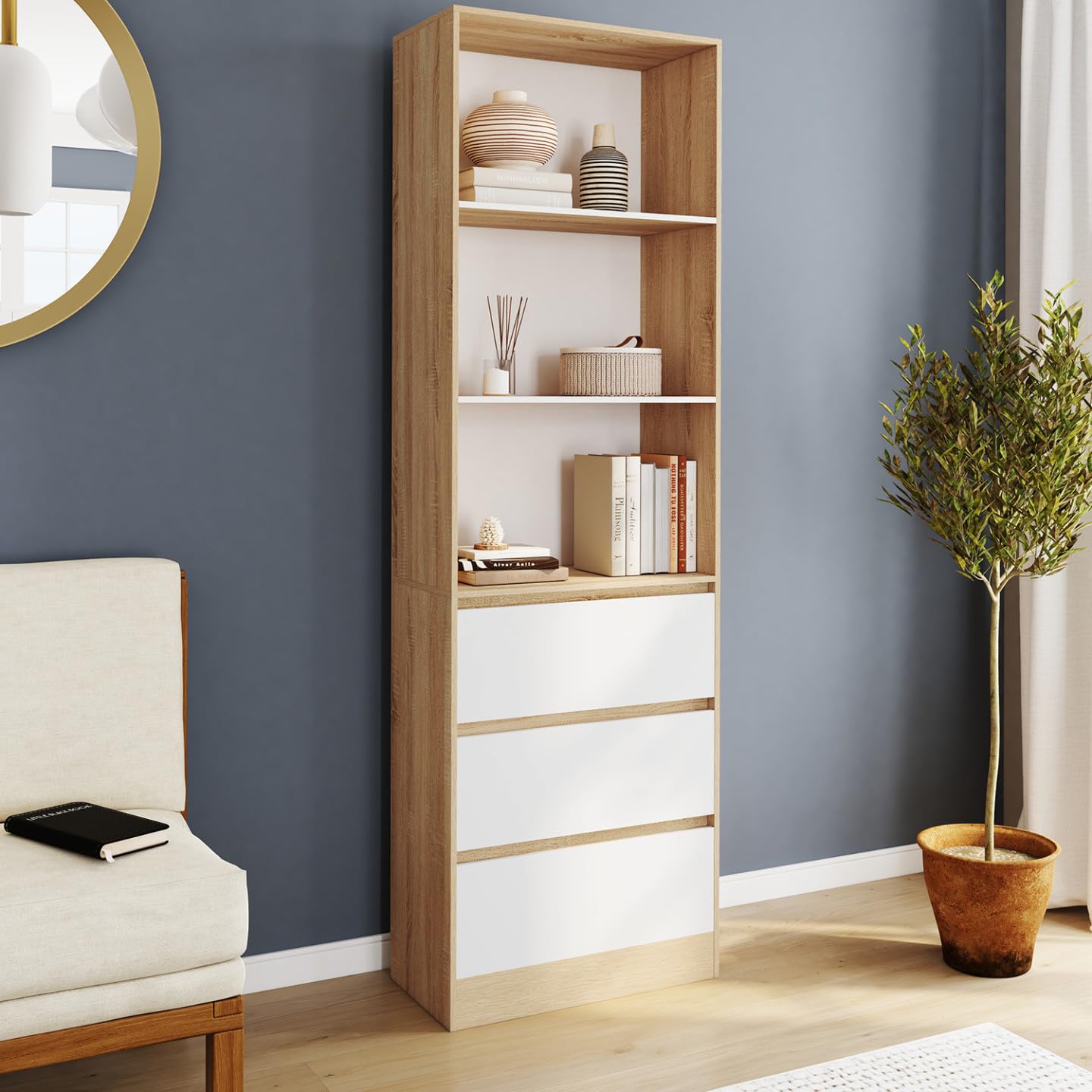 IDMarket - Etagère bibliothèque Carla 3 Niveaux 3 tiroirs Blanc et Effet Bois 190 cm
