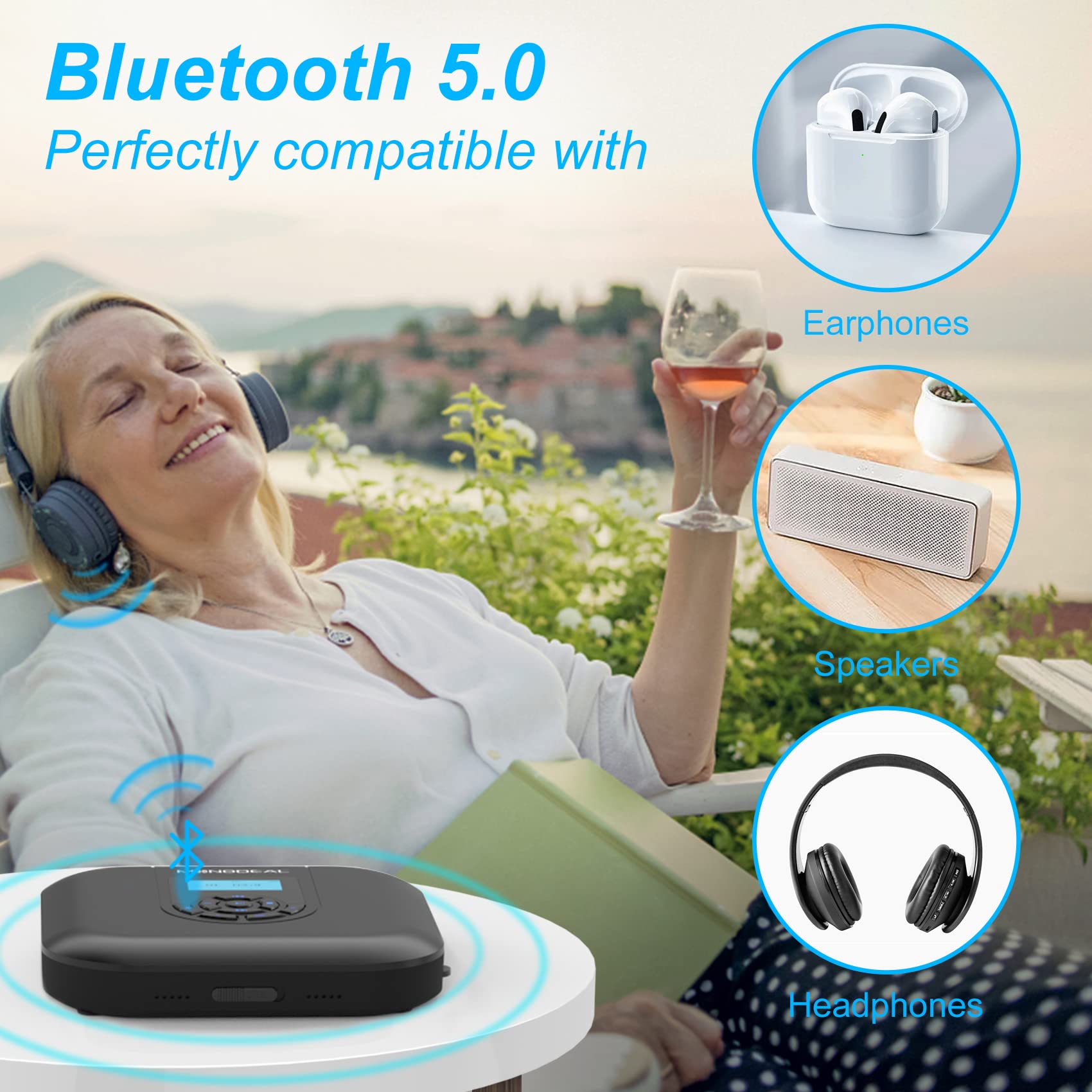 MONODEAL lecteur portable Bluetooth rechargeable avec haut-parleur et émetteur FM, CD pour voiture, petit lecteur antidérapant