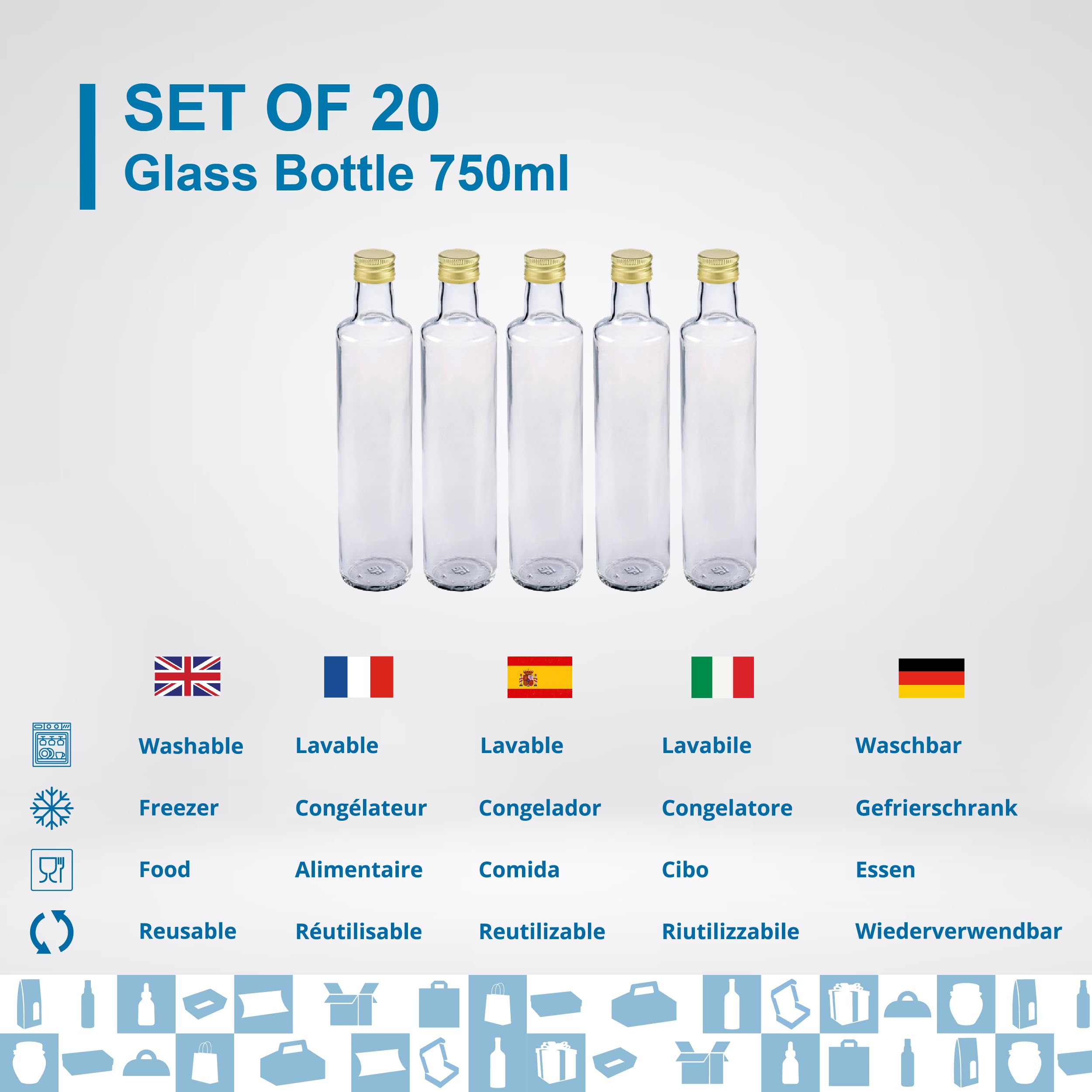 Espirito Rebelde - 20 botellas de vidrio oscuro 750 ml con tapón de rosca dorado - aceite de oliva, vinagre, alcohol - aceitera de cristal